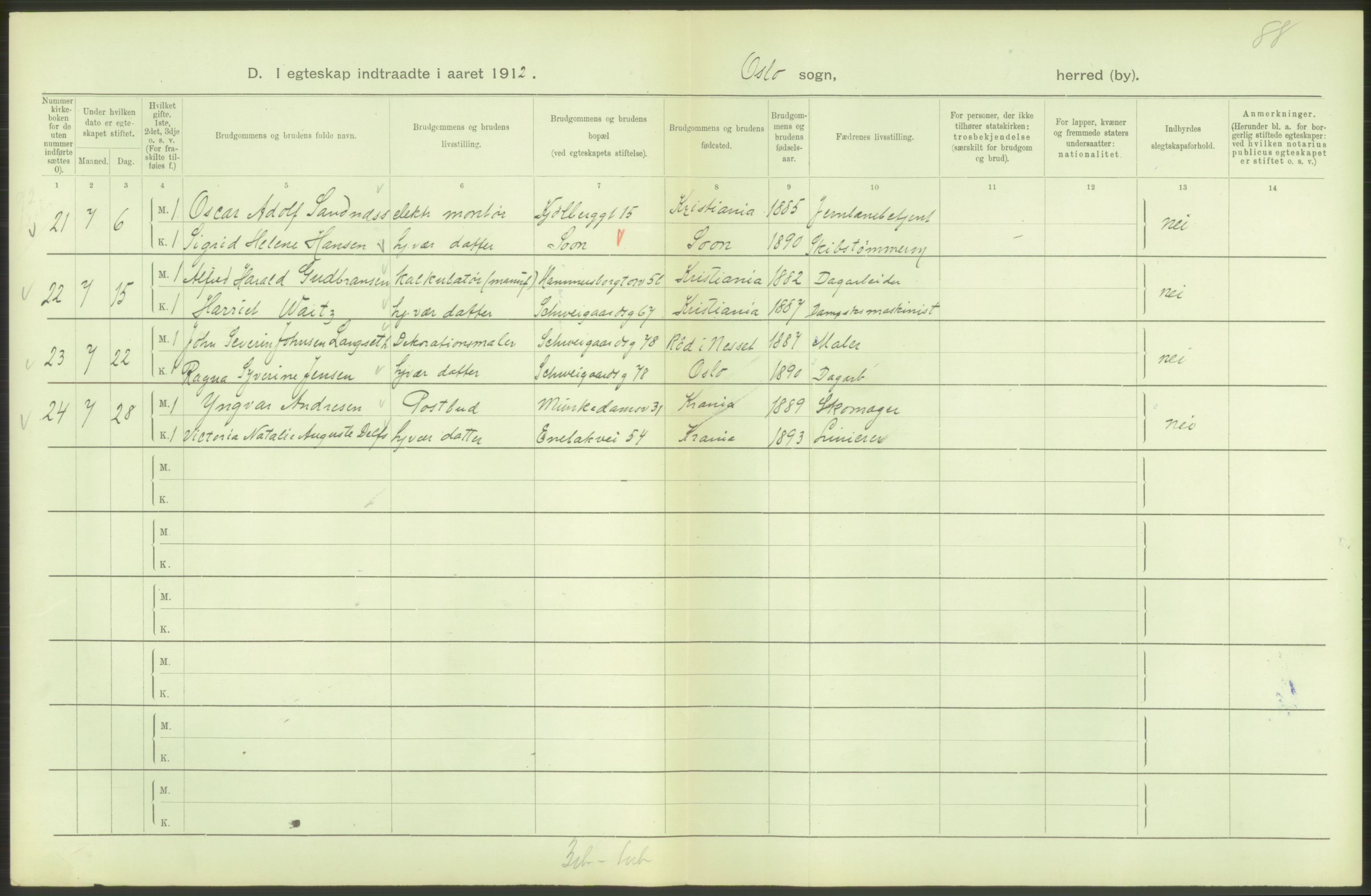 Statistisk sentralbyrå, Sosiodemografiske emner, Befolkning, AV/RA-S-2228/D/Df/Dfb/Dfbb/L0008: Kristiania: Gifte, 1912, p. 70
