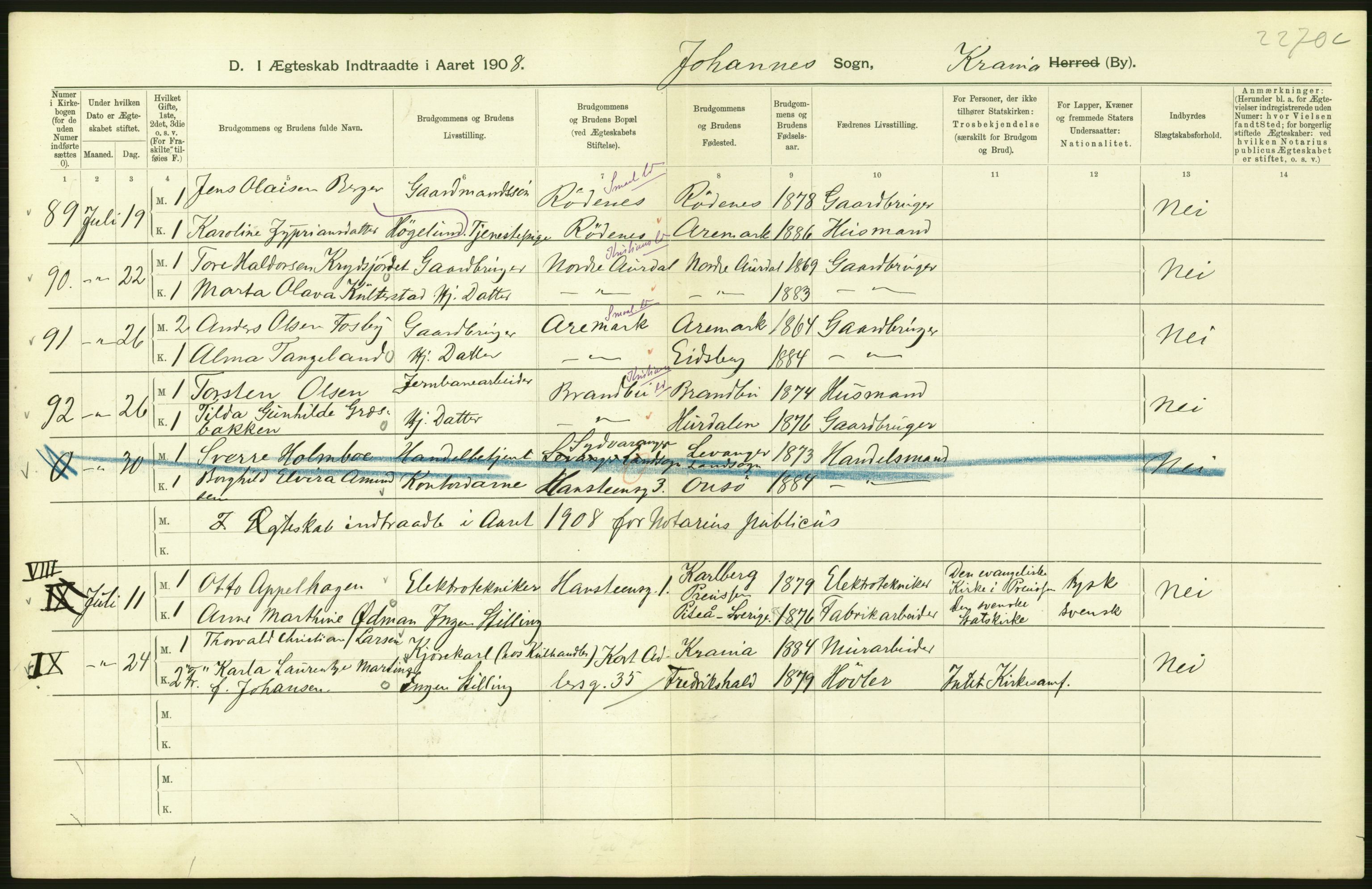 Statistisk sentralbyrå, Sosiodemografiske emner, Befolkning, AV/RA-S-2228/D/Df/Dfa/Dfaf/L0007: Kristiania: Gifte, 1908, p. 348