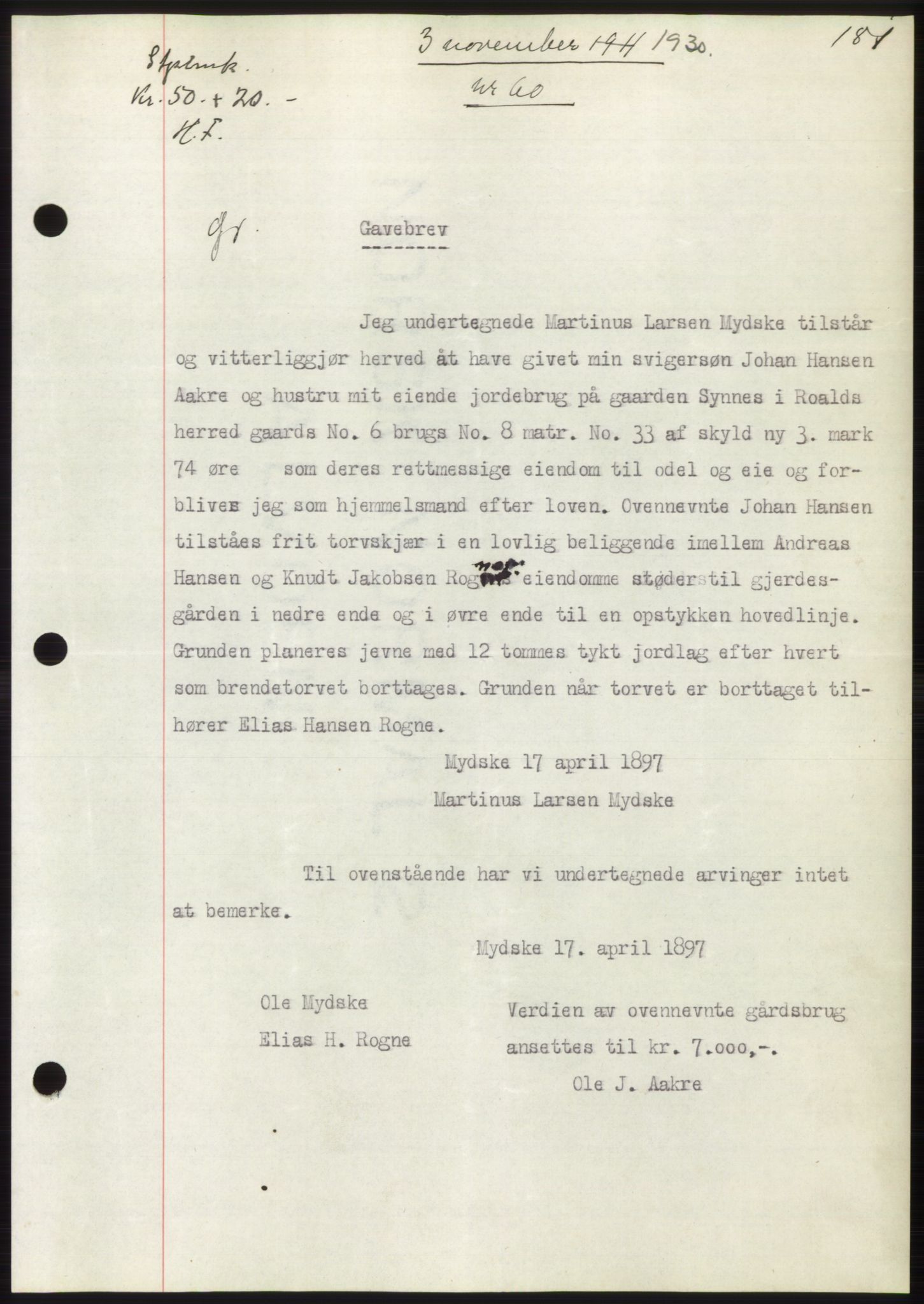 Nordre Sunnmøre sorenskriveri, AV/SAT-A-0006/1/2/2C/2Ca/L0047: Mortgage book no. 47, 1930-1931, Deed date: 03.11.1930