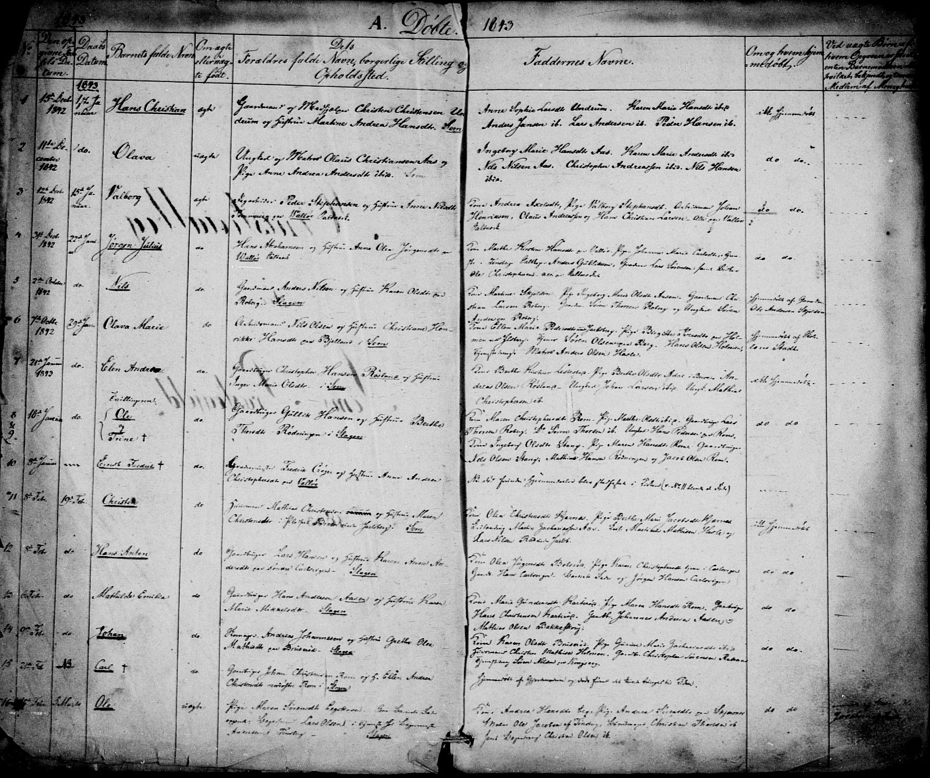 Sem kirkebøker, SAKO/A-5/F/Fa/L0006: Parish register (official) no. I 6, 1843-1855, p. 1-2