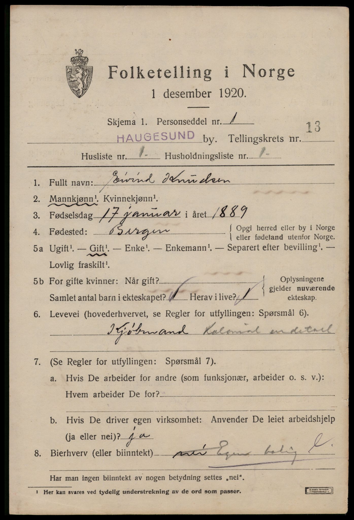 SAST, 1920 census for Haugesund, 1920, p. 41463