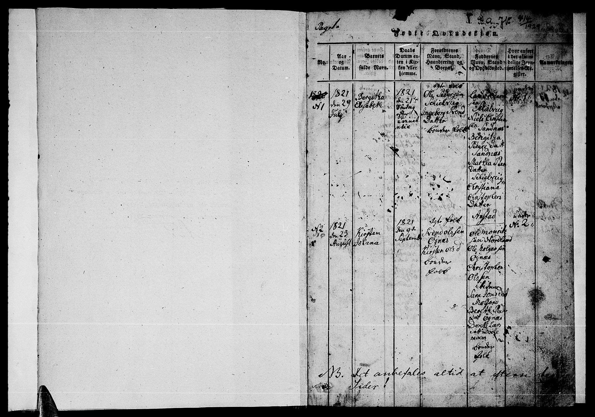 Ministerialprotokoller, klokkerbøker og fødselsregistre - Nordland, SAT/A-1459/846/L0651: Parish register (copy) no. 846C01, 1821-1841, p. 1
