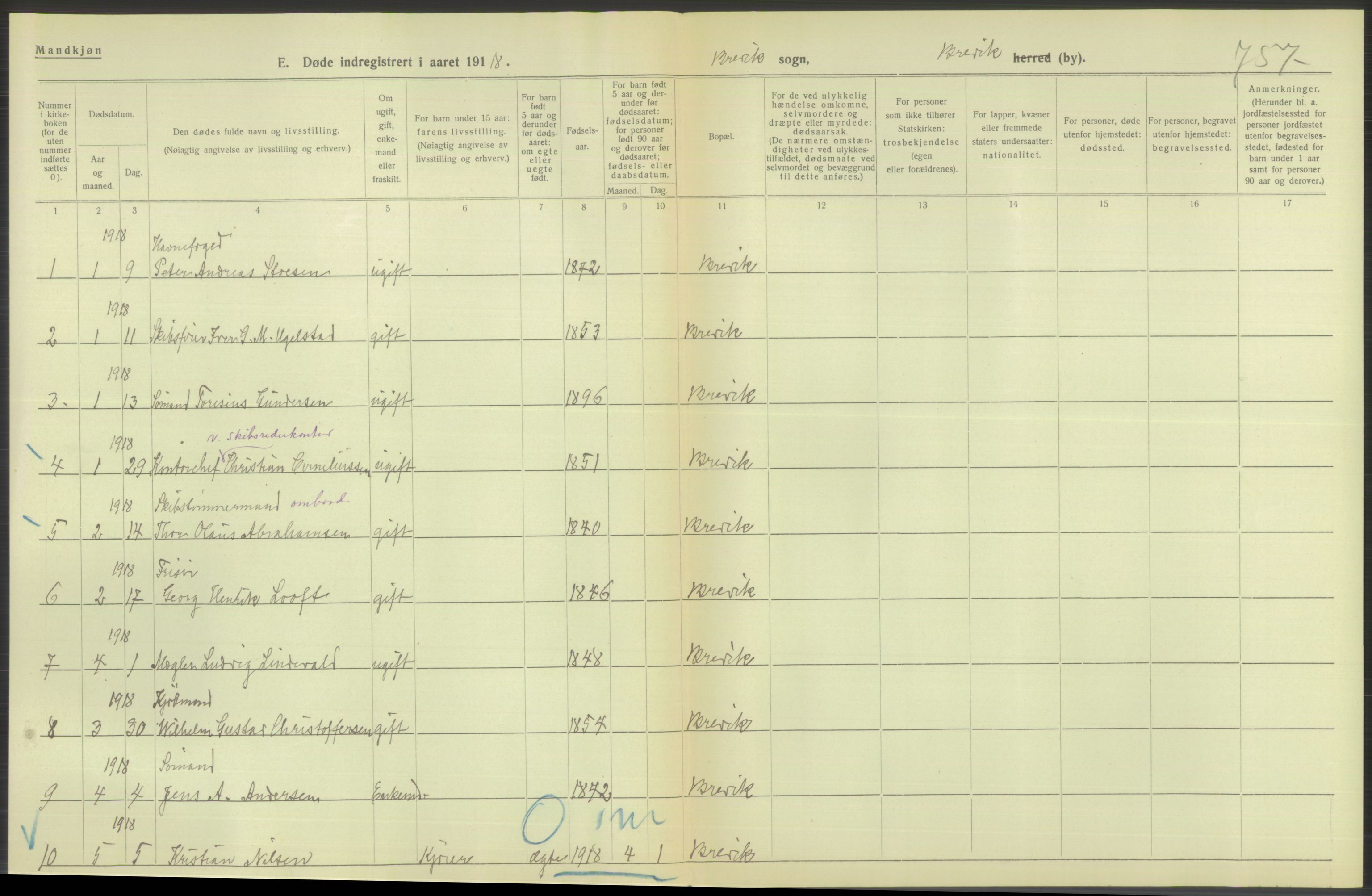 Statistisk sentralbyrå, Sosiodemografiske emner, Befolkning, AV/RA-S-2228/D/Df/Dfb/Dfbh/L0026: Telemark fylke: Døde. Bygder og byer., 1918, p. 38