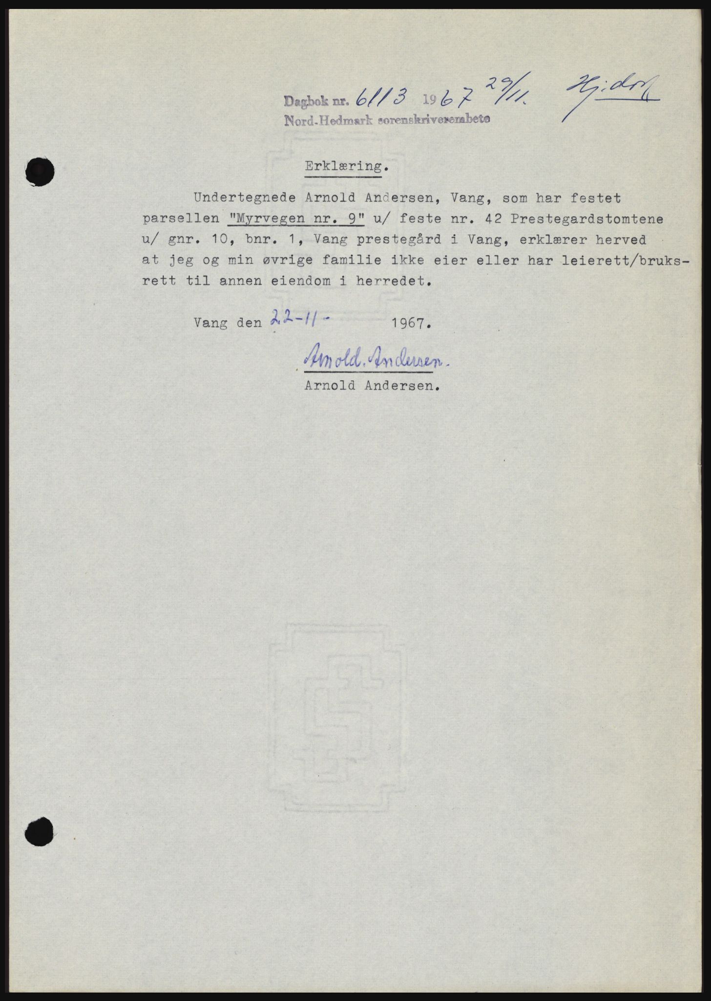 Nord-Hedmark sorenskriveri, SAH/TING-012/H/Hc/L0027: Mortgage book no. 27, 1967-1968, Diary no: : 6113/1967