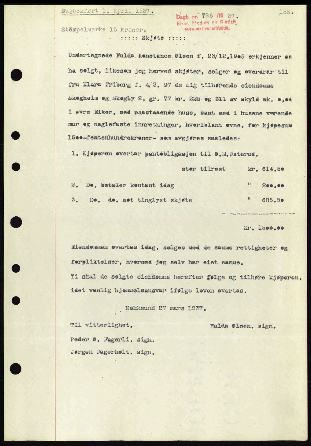Eiker, Modum og Sigdal sorenskriveri, SAKO/A-123/G/Ga/Gab/L0035: Mortgage book no. A5, 1937-1937, Diary no: : 726/1937