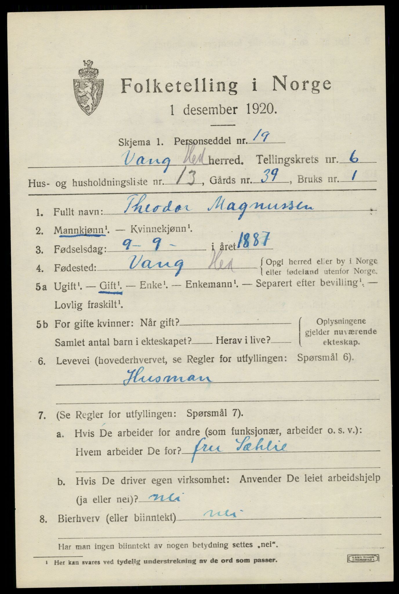 SAH, 1920 census for Vang (Hedmark), 1920, p. 15381