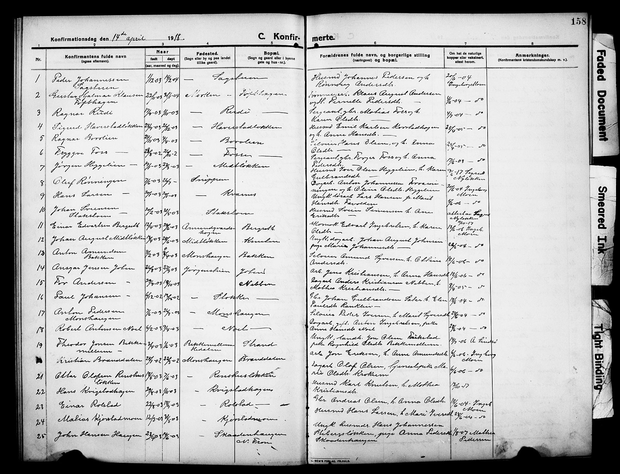 Sør-Fron prestekontor, AV/SAH-PREST-010/H/Ha/Hab/L0005: Parish register (copy) no. 5, 1912-1930, p. 158