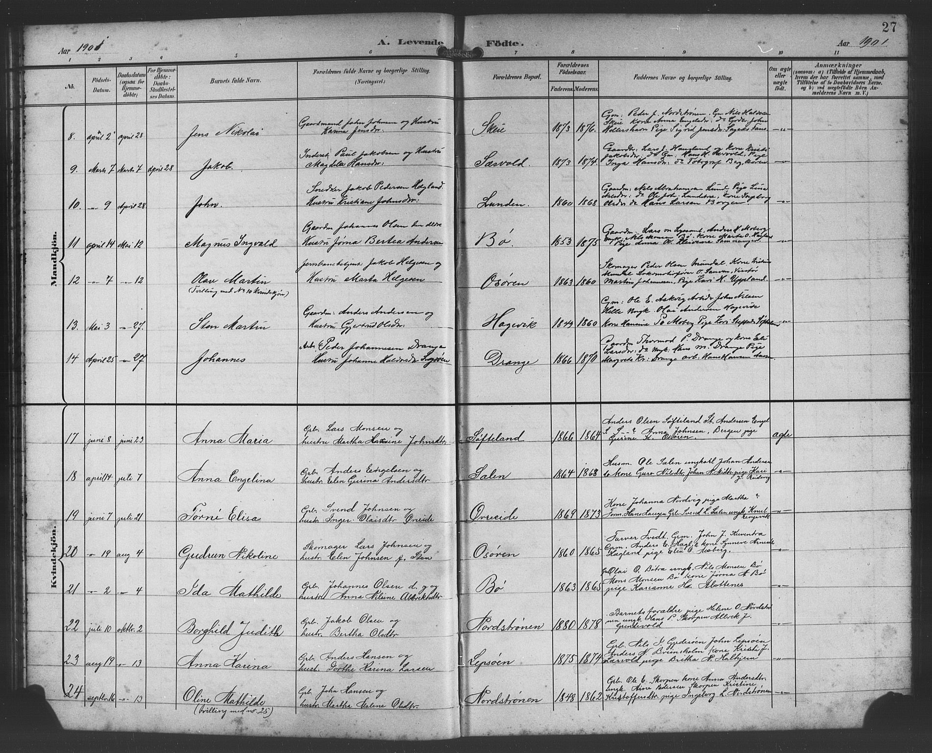 Os sokneprestembete, AV/SAB-A-99929: Parish register (copy) no. A 3, 1897-1913, p. 27