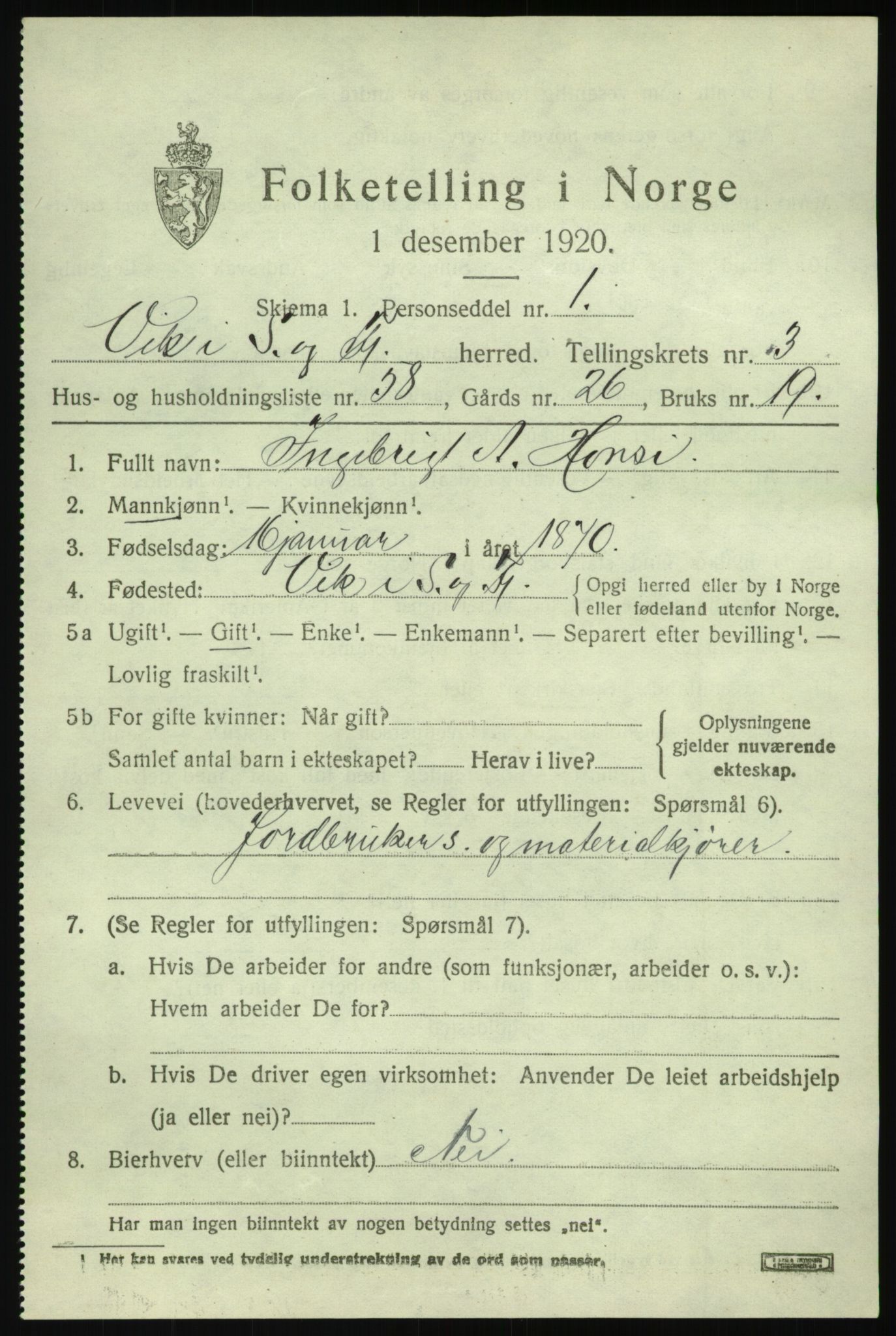 SAB, 1920 census for Vik, 1920, p. 3193