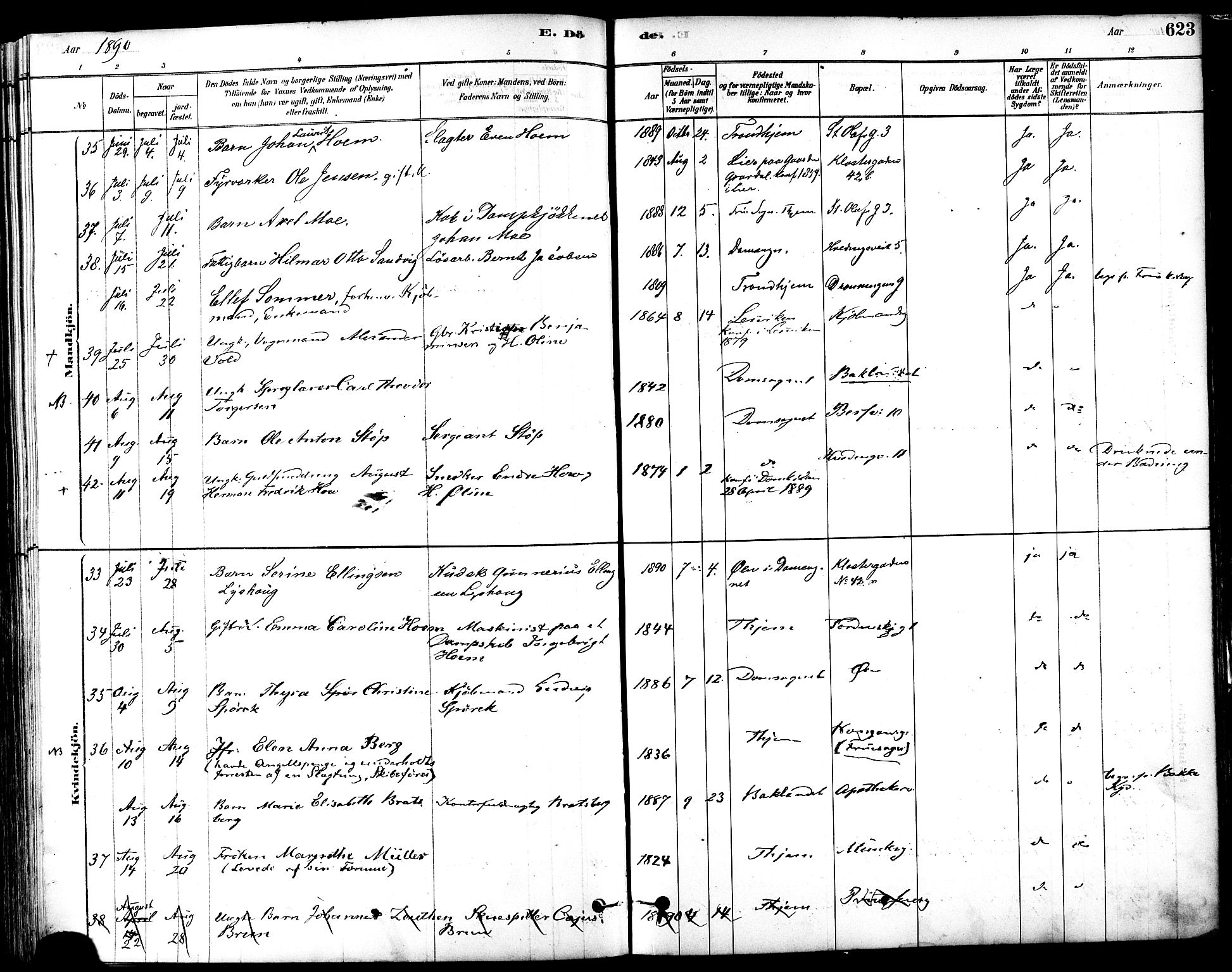 Ministerialprotokoller, klokkerbøker og fødselsregistre - Sør-Trøndelag, SAT/A-1456/601/L0058: Parish register (official) no. 601A26, 1877-1891, p. 623