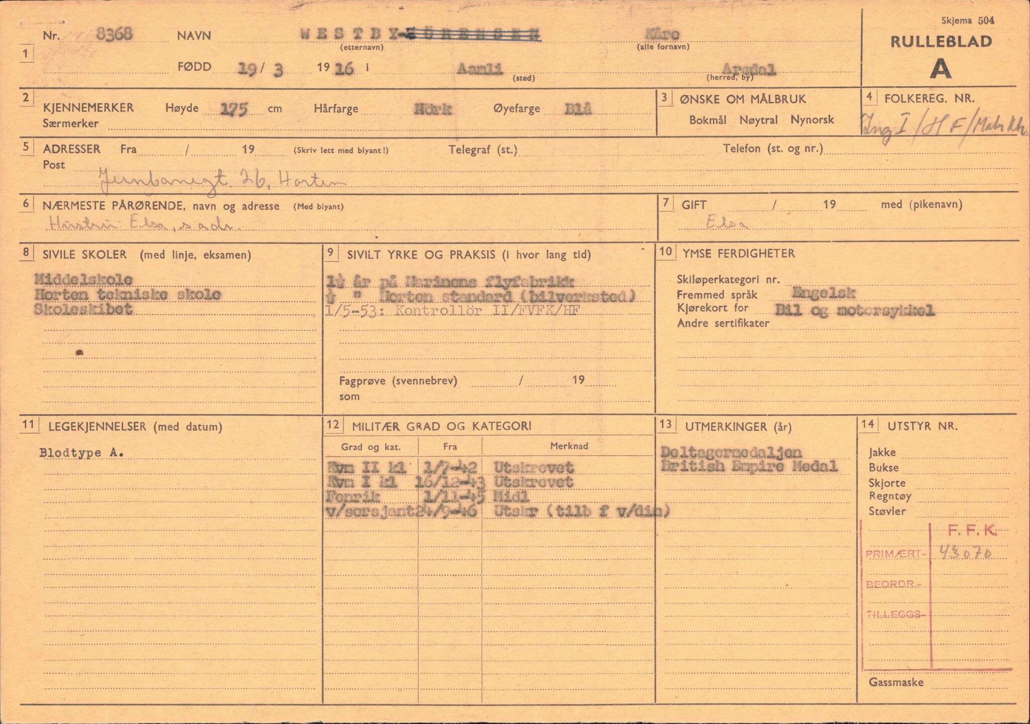 Forsvaret, Forsvarets overkommando/Luftforsvarsstaben, AV/RA-RAFA-4079/P/Pa/L0048: Personellpapirer, 1916, p. 485