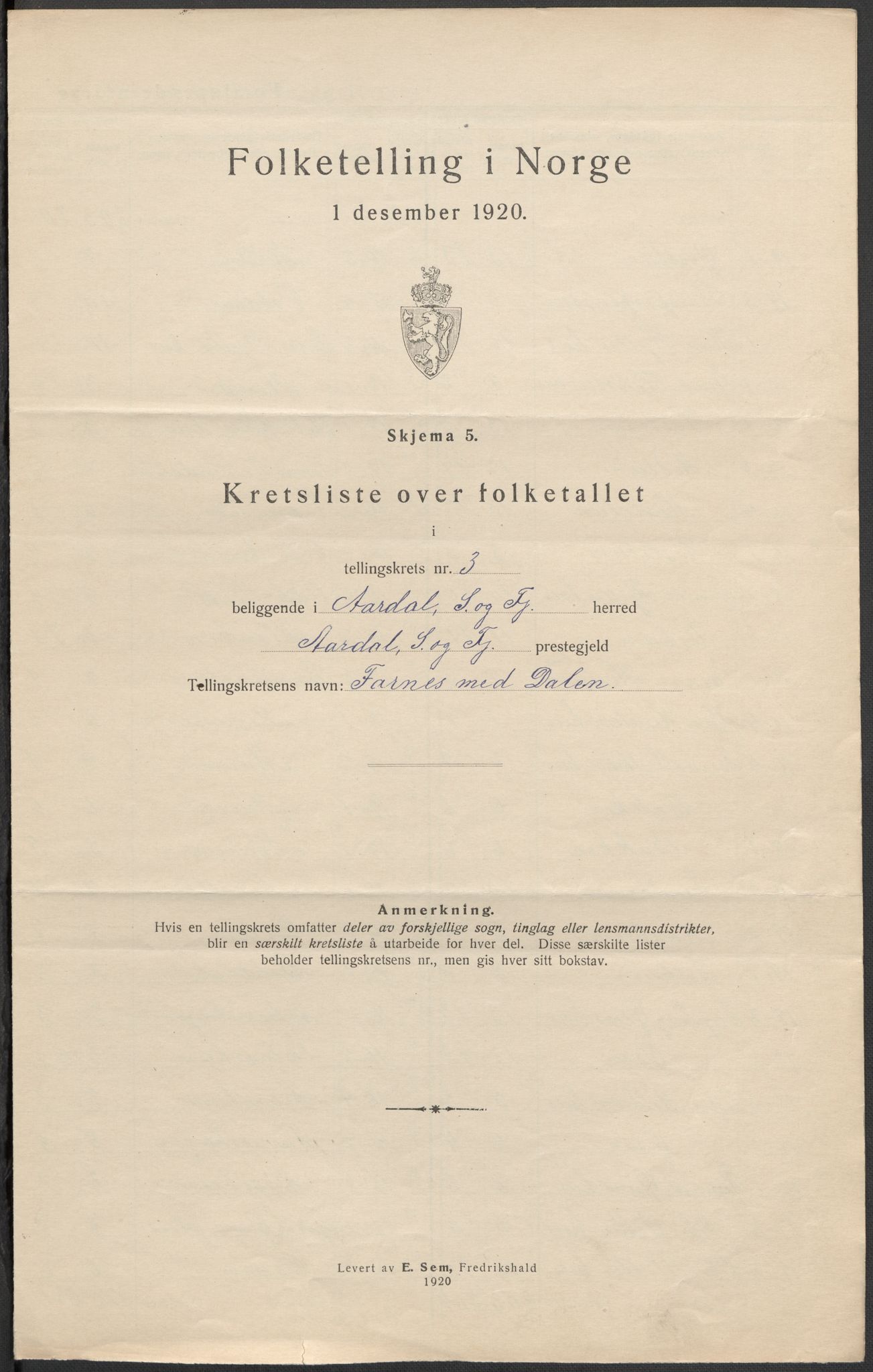 SAB, 1920 census for Årdal, 1920, p. 12