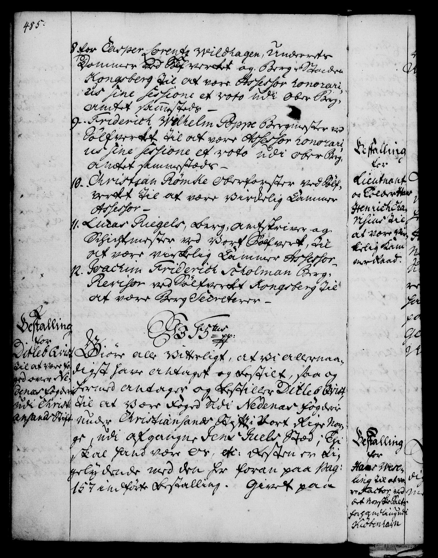 Rentekammeret, Kammerkanselliet, RA/EA-3111/G/Gg/Gge/L0003: Norsk bestallingsprotokoll med register (merket RK 53.27), 1745-1761, p. 485