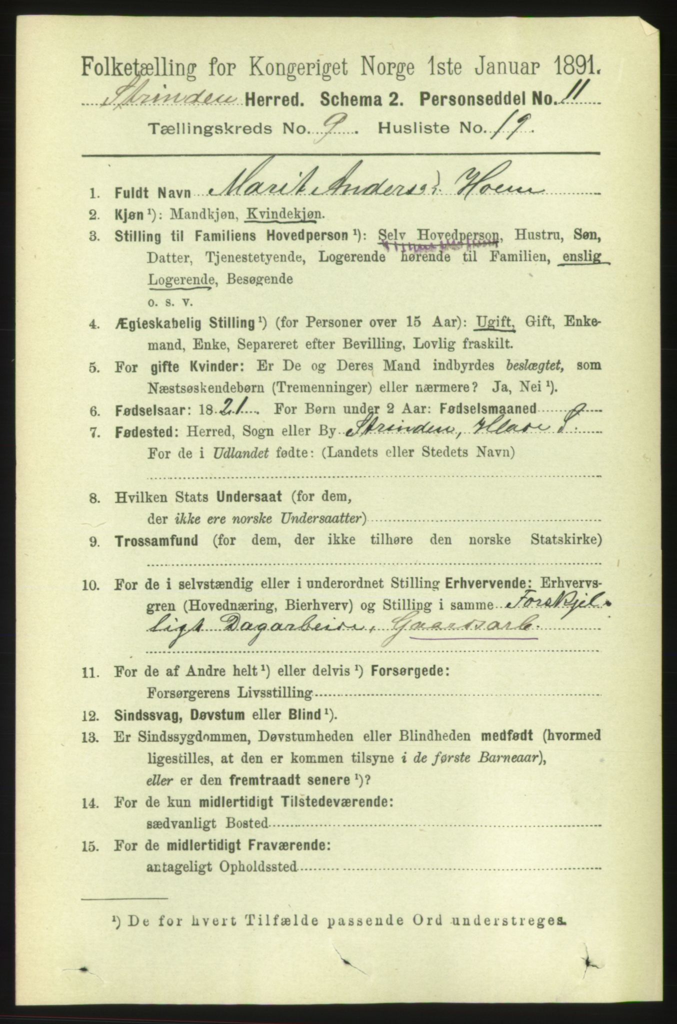 RA, 1891 census for 1660 Strinda, 1891, p. 8185