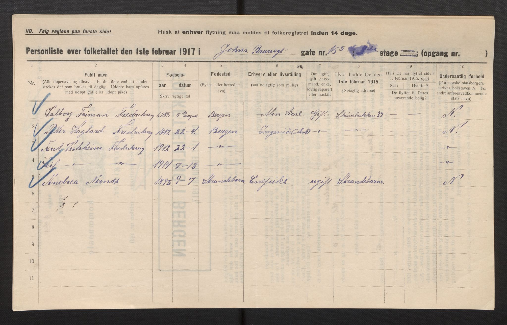 SAB, Municipal Census 1917 for Bergen, 1917, p. 15986