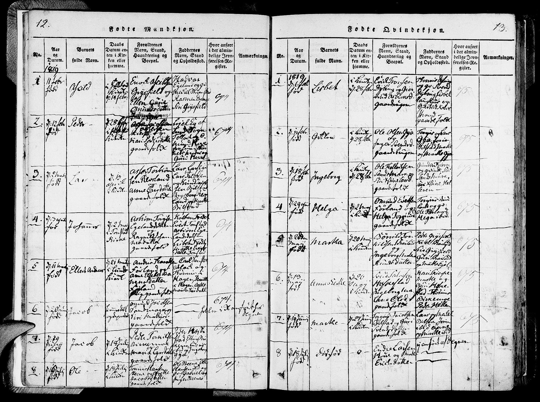 Lund sokneprestkontor, SAST/A-101809/S06/L0006: Parish register (official) no. A 6, 1816-1839, p. 12-13