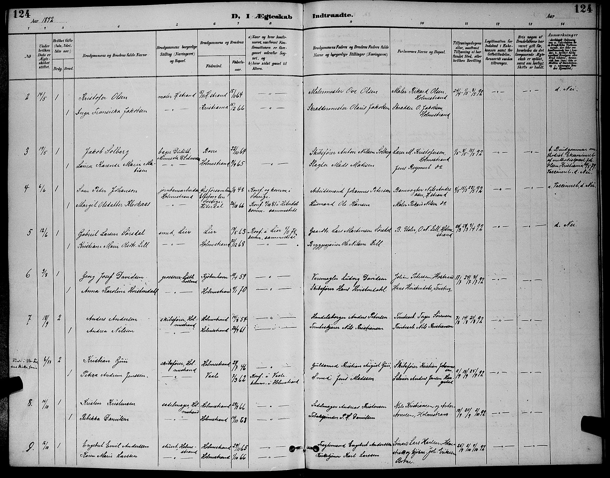 Holmestrand kirkebøker, AV/SAKO-A-346/G/Ga/L0005: Parish register (copy) no. 5, 1889-1901, p. 124