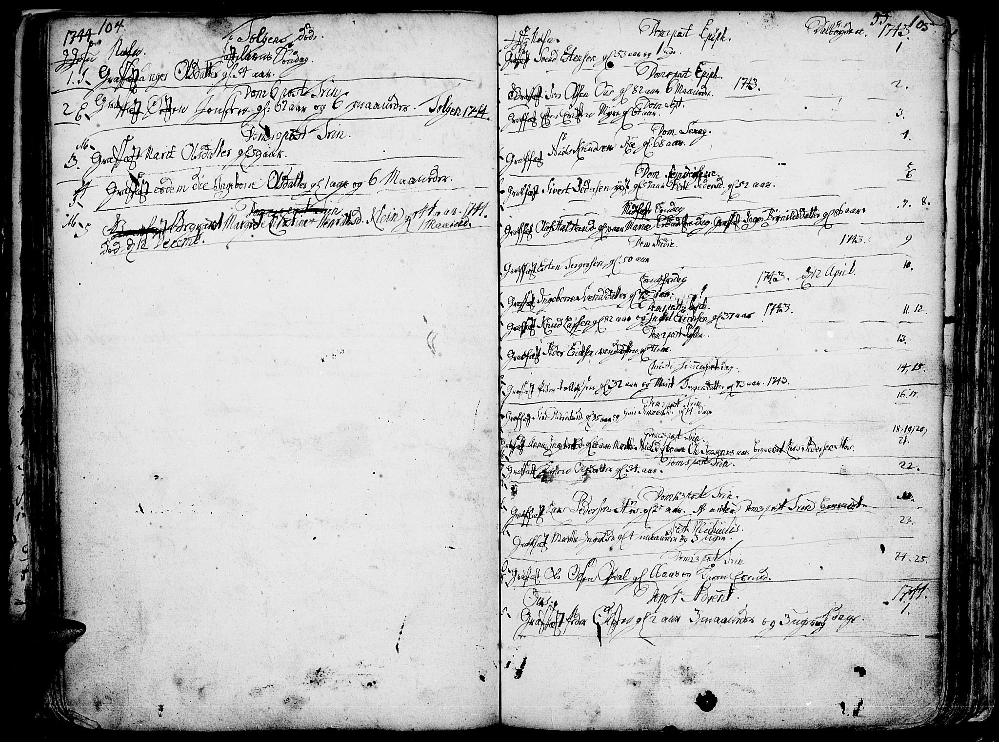 Tolga prestekontor, AV/SAH-PREST-062/K/L0001: Parish register (official) no. 1, 1733-1767, p. 104-105