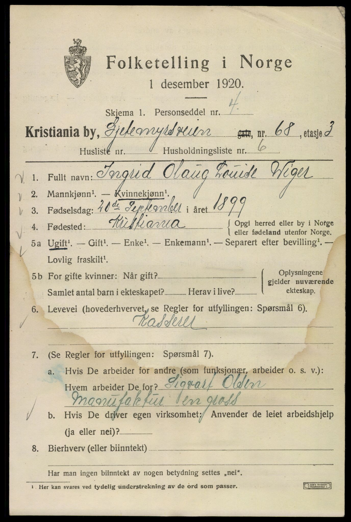 SAO, 1920 census for Kristiania, 1920, p. 250123