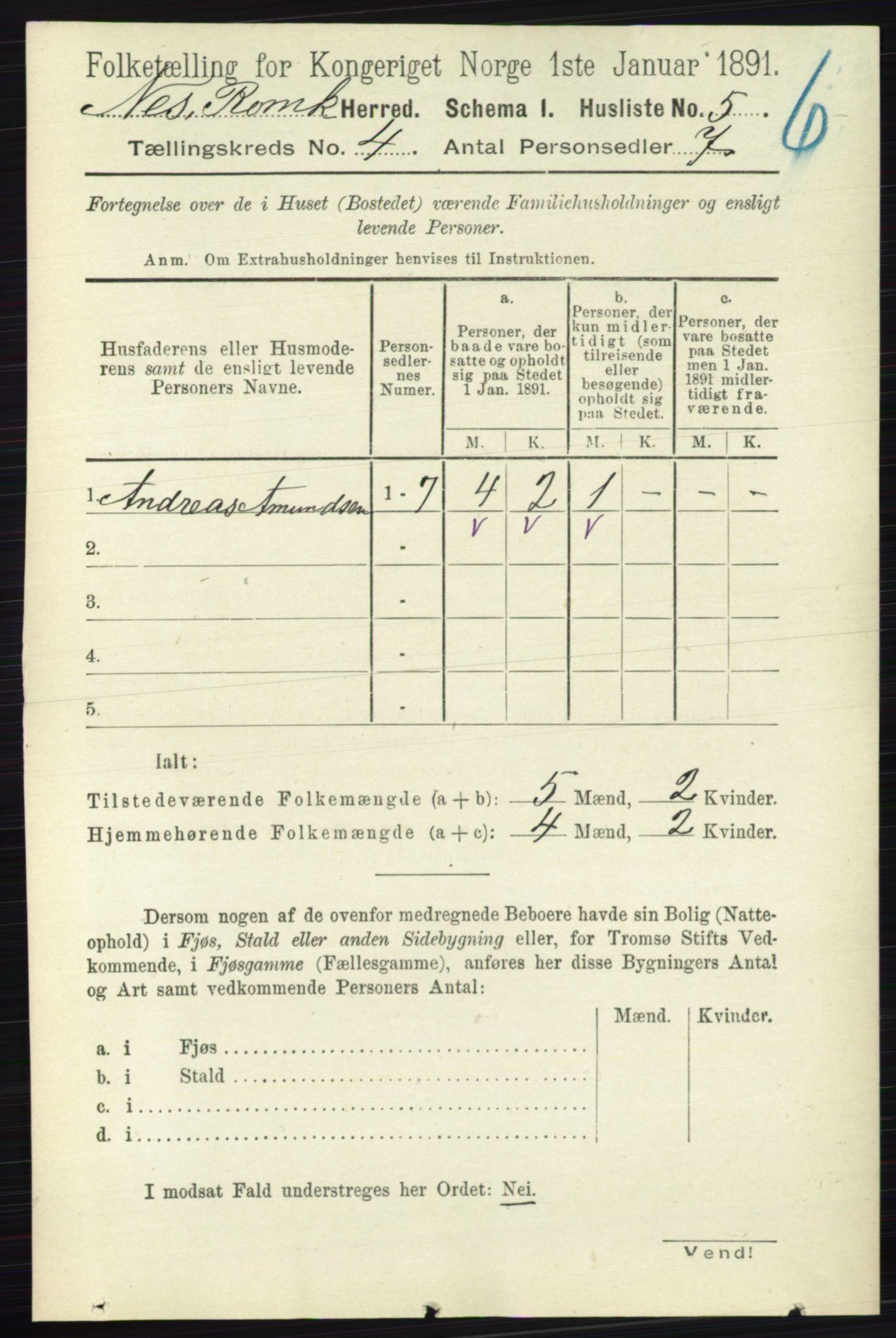 RA, 1891 census for 0236 Nes, 1891, p. 2186