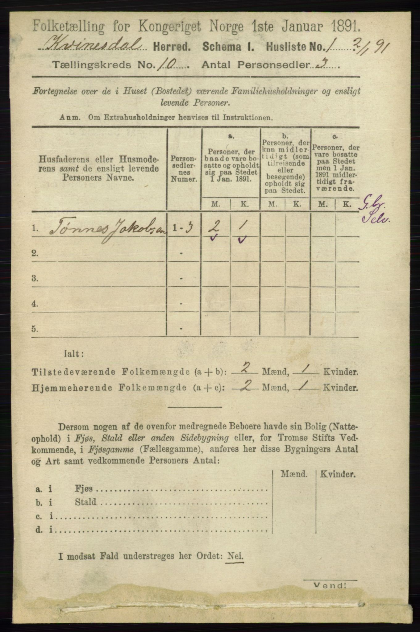 RA, 1891 census for 1037 Kvinesdal, 1891, p. 3751