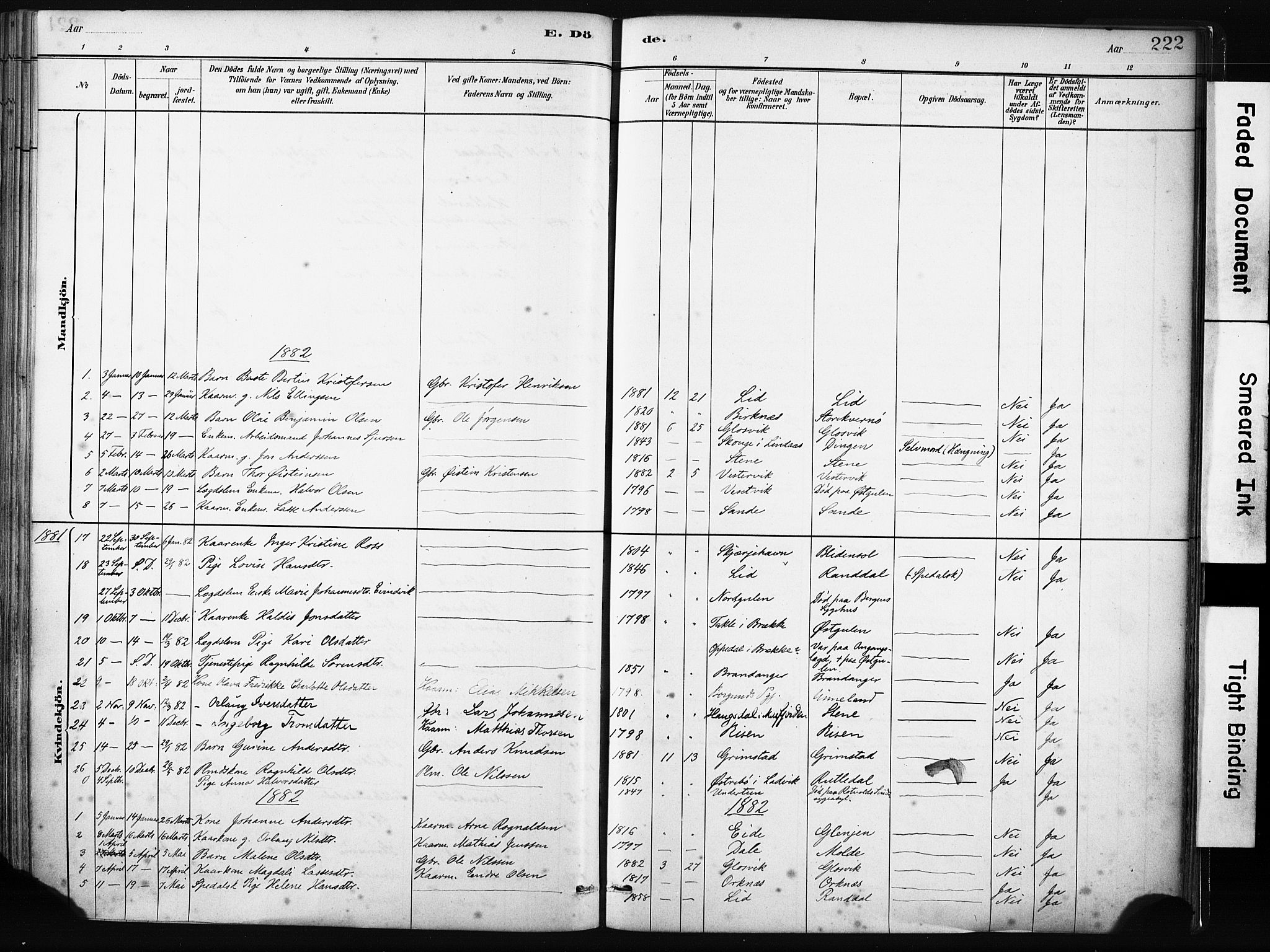 Gulen sokneprestembete, SAB/A-80201/H/Haa/Haab/L0001: Parish register (official) no. B 1, 1881-1905, p. 222