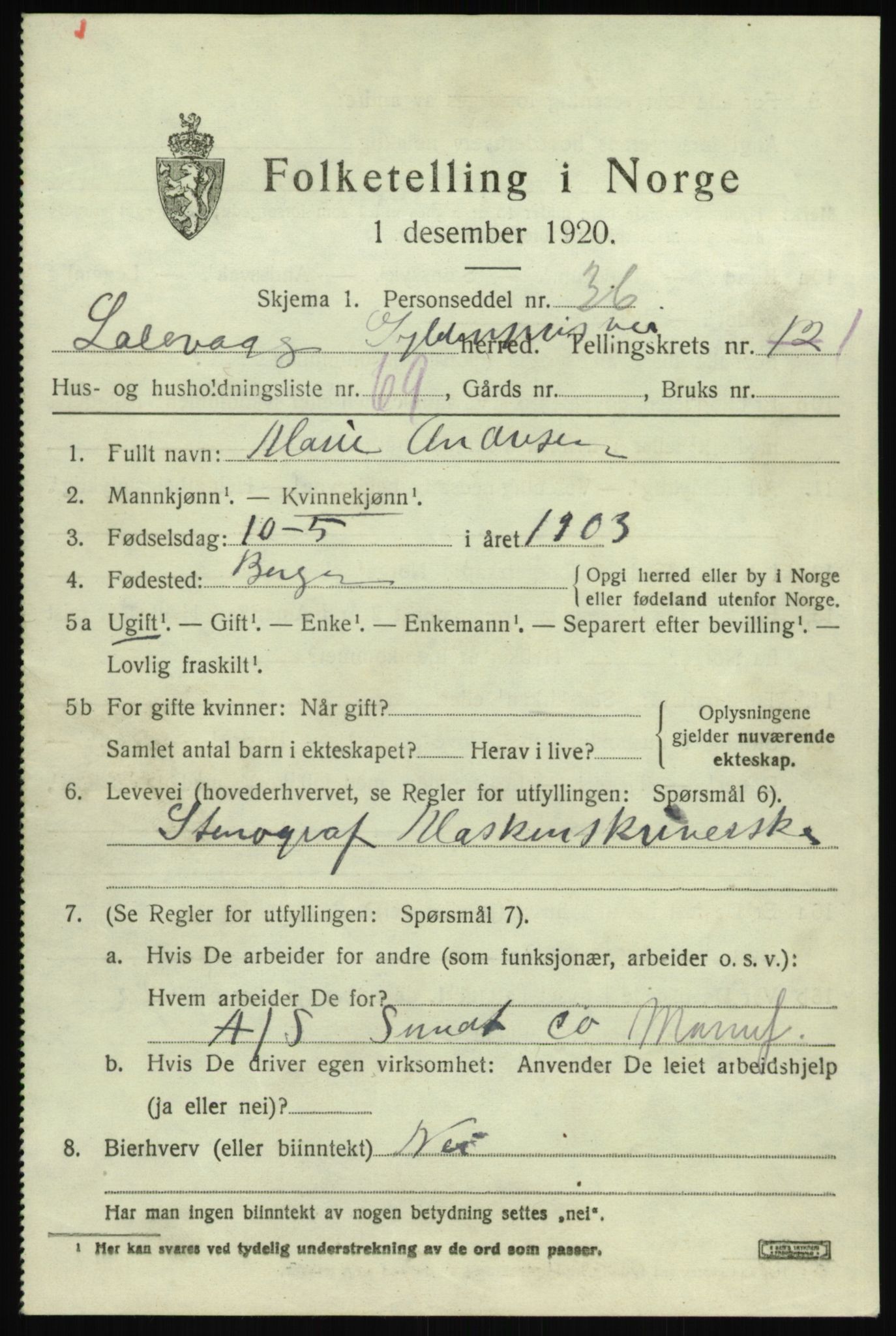 SAB, 1920 census for Laksevåg, 1920, p. 4826