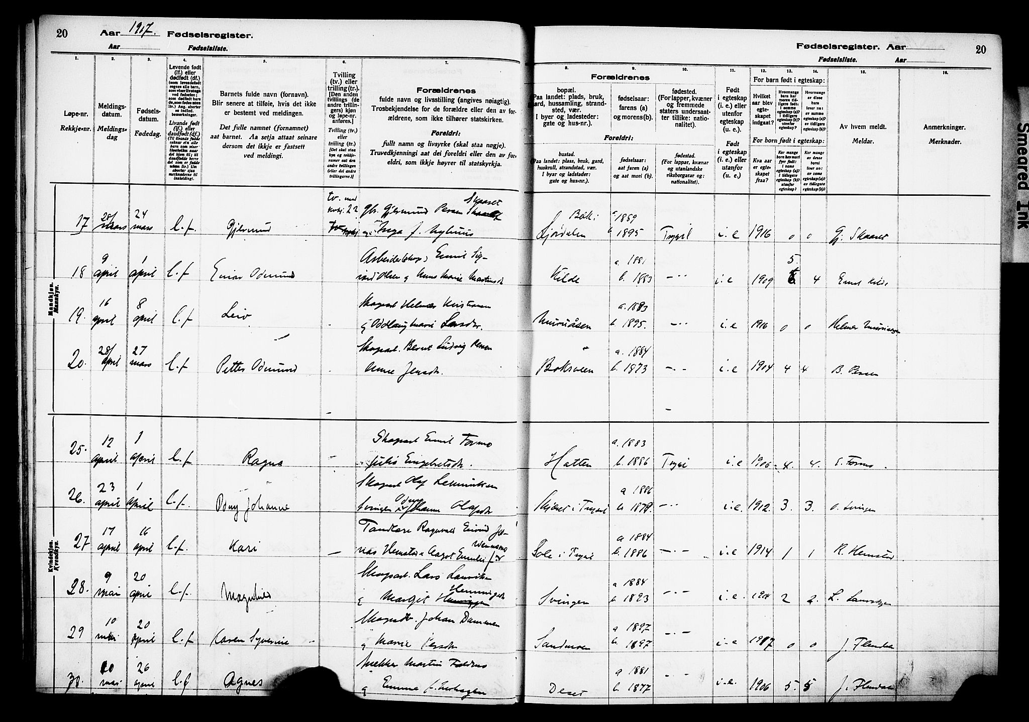 Trysil prestekontor, AV/SAH-PREST-046/I/Id/Ida/L0001: Birth register no. I 1, 1916-1927, p. 20