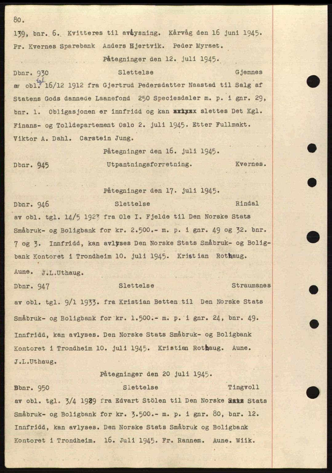 Nordmøre sorenskriveri, AV/SAT-A-4132/1/2/2Ca: Mortgage book no. C82a, 1945-1946, Diary no: : 930/1945