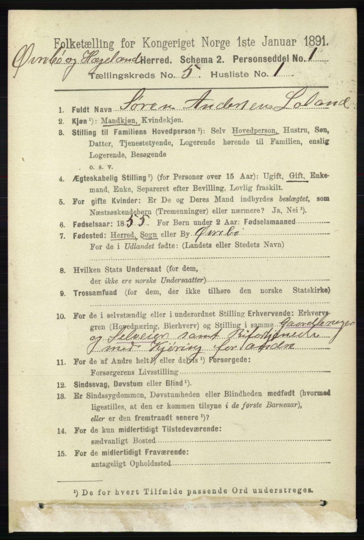 RA, 1891 census for 1016 Øvrebø og Hægeland, 1891, p. 942