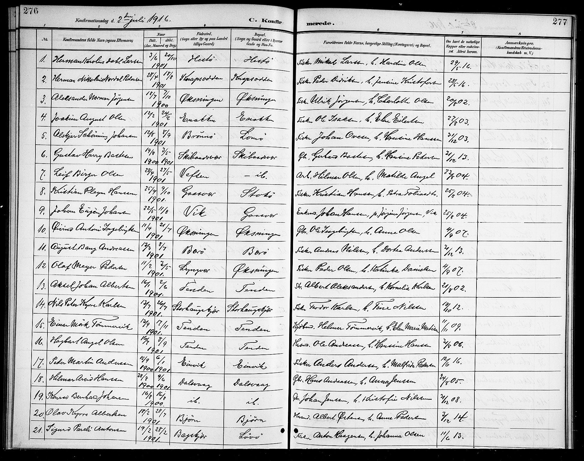 Ministerialprotokoller, klokkerbøker og fødselsregistre - Nordland, SAT/A-1459/834/L0516: Parish register (copy) no. 834C06, 1902-1918, p. 276-277