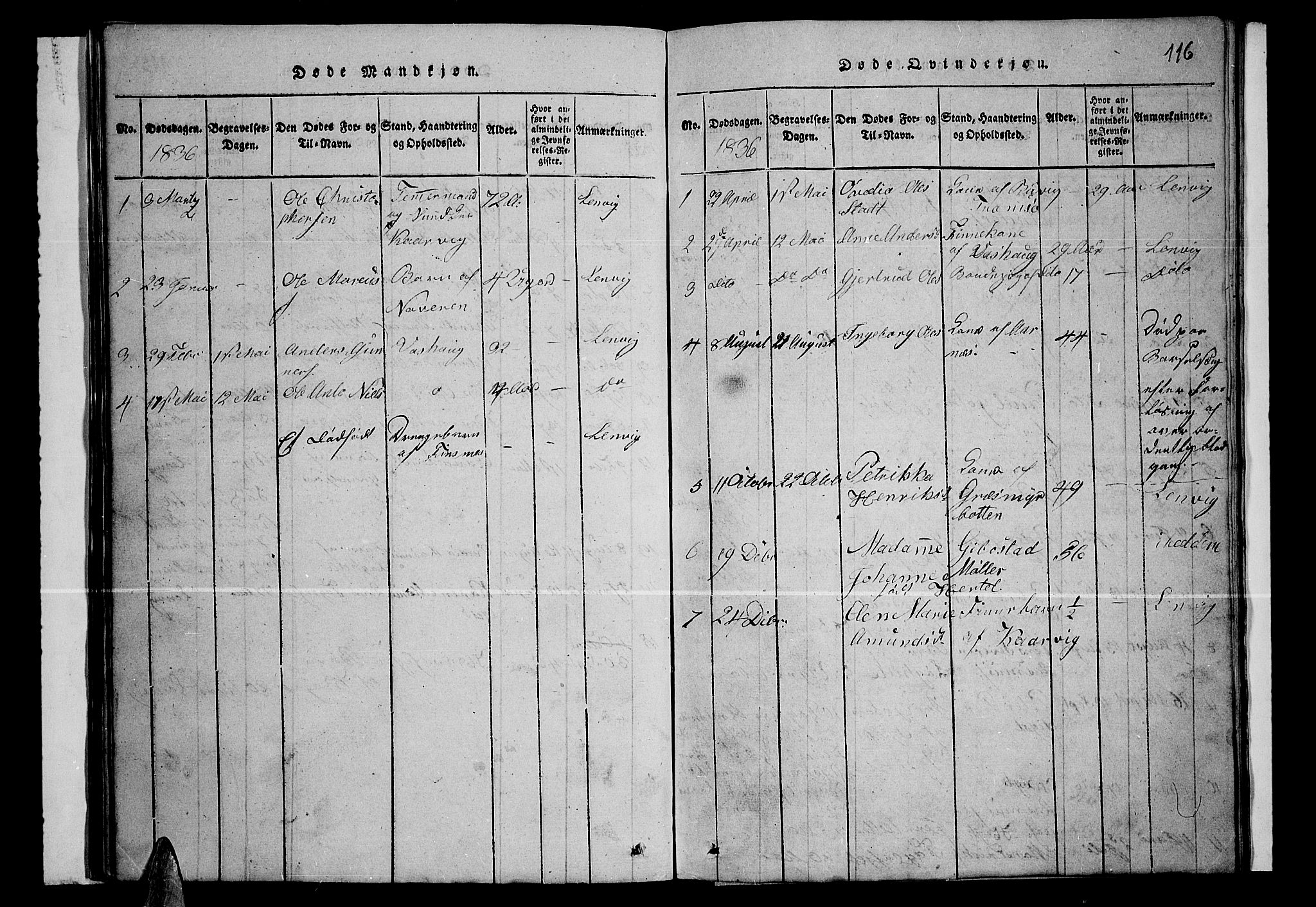 Lenvik sokneprestembete, AV/SATØ-S-1310/H/Ha/Hab/L0001klokker: Parish register (copy) no. 1, 1822-1837, p. 116