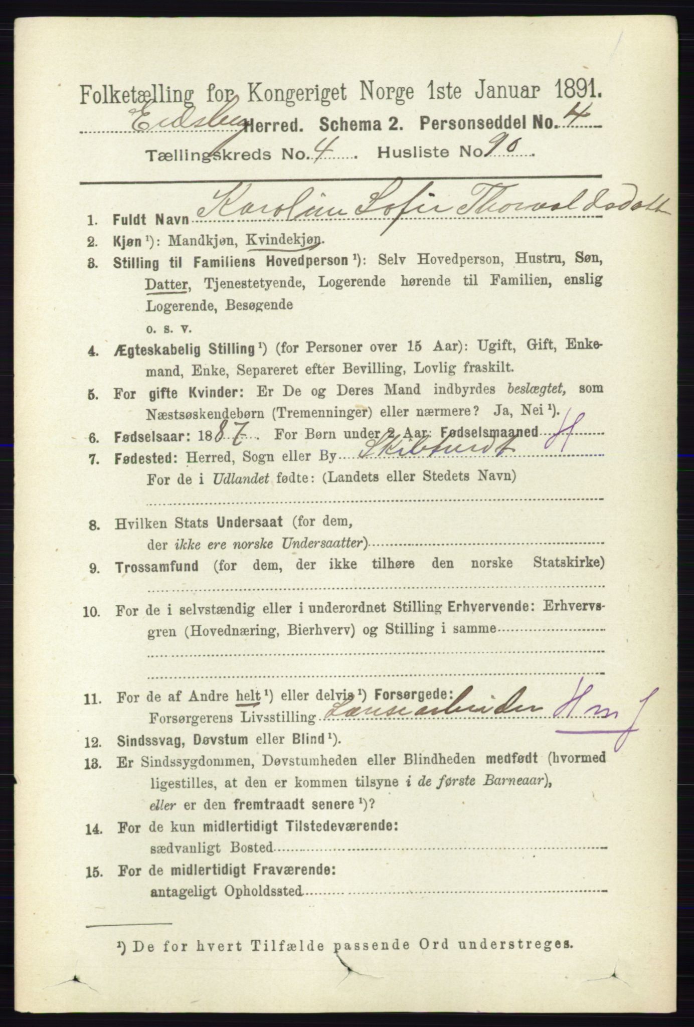 RA, 1891 census for 0125 Eidsberg, 1891, p. 2912