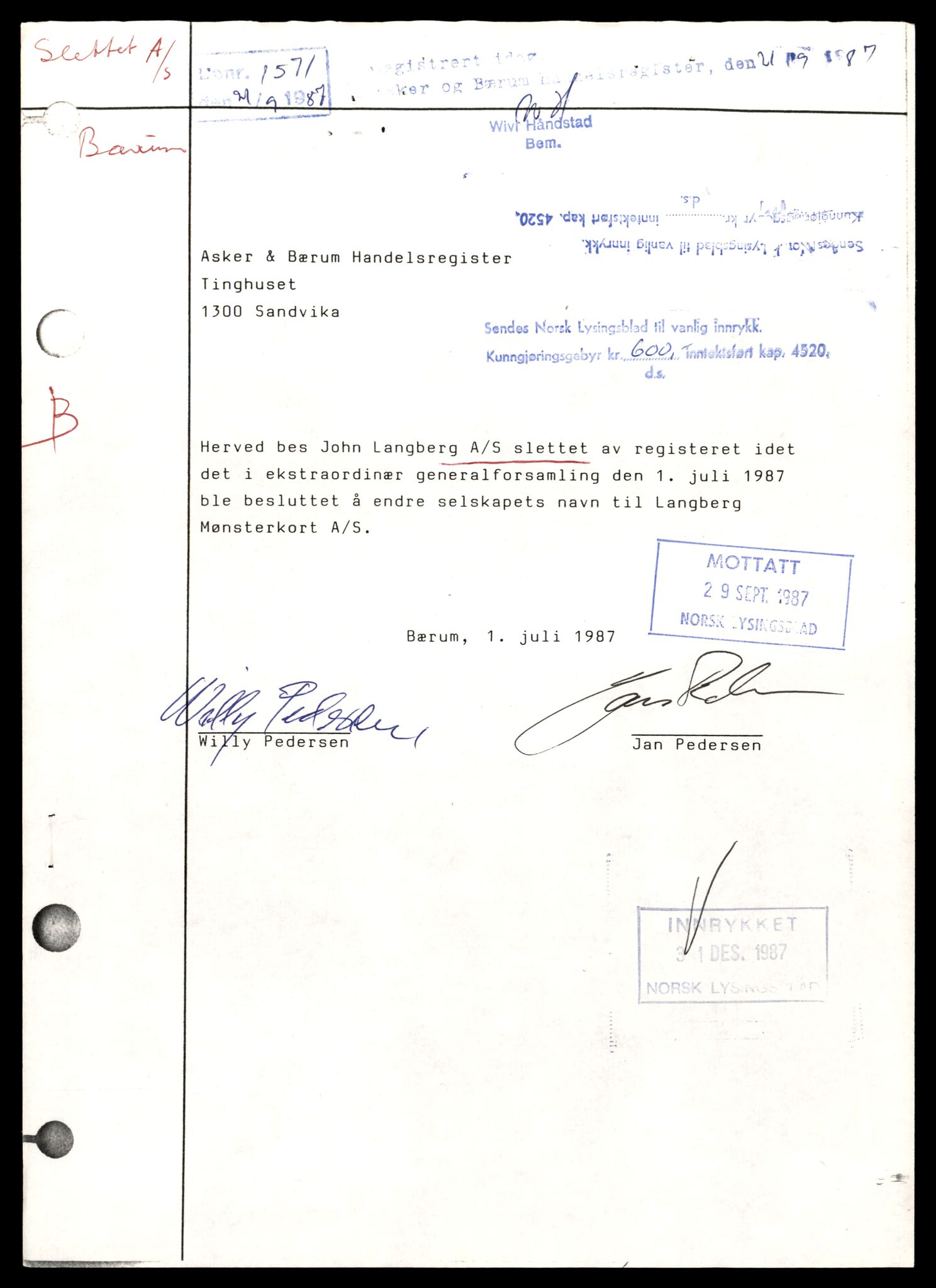 Asker og Bærum tingrett, AV/SAT-A-10379/K/Kb/Kba/L0075: Aksjeselskap, L - Mek, 1944-1989, p. 1
