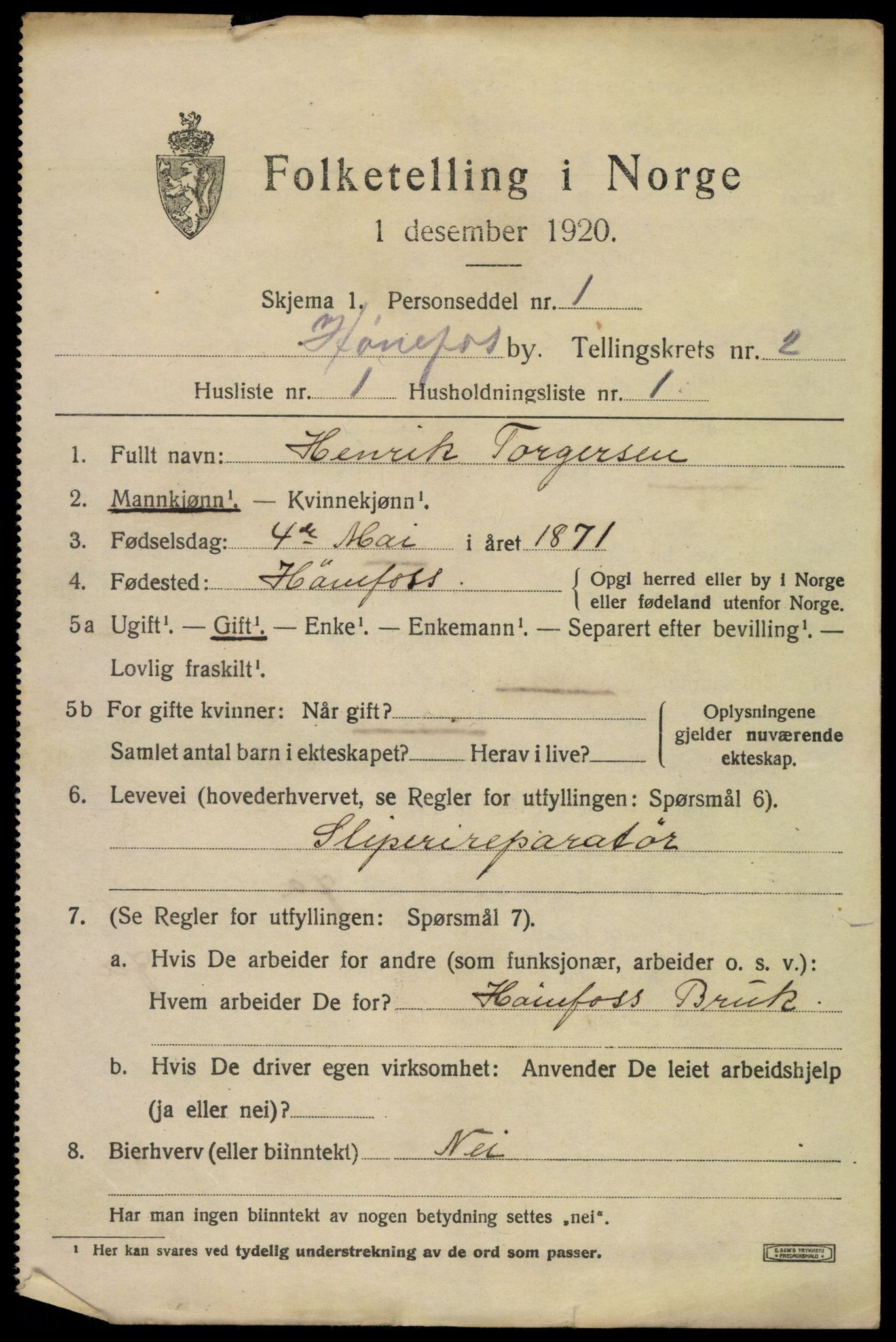 SAKO, 1920 census for Hønefoss, 1920, p. 3842