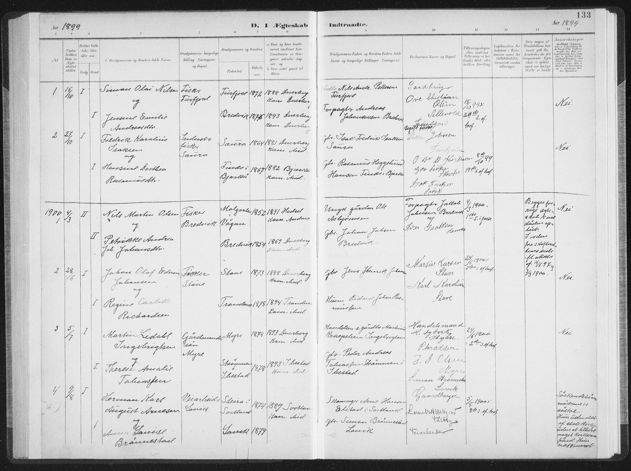 Ministerialprotokoller, klokkerbøker og fødselsregistre - Nordland, SAT/A-1459/897/L1400: Parish register (official) no. 897A07, 1897-1908, p. 133