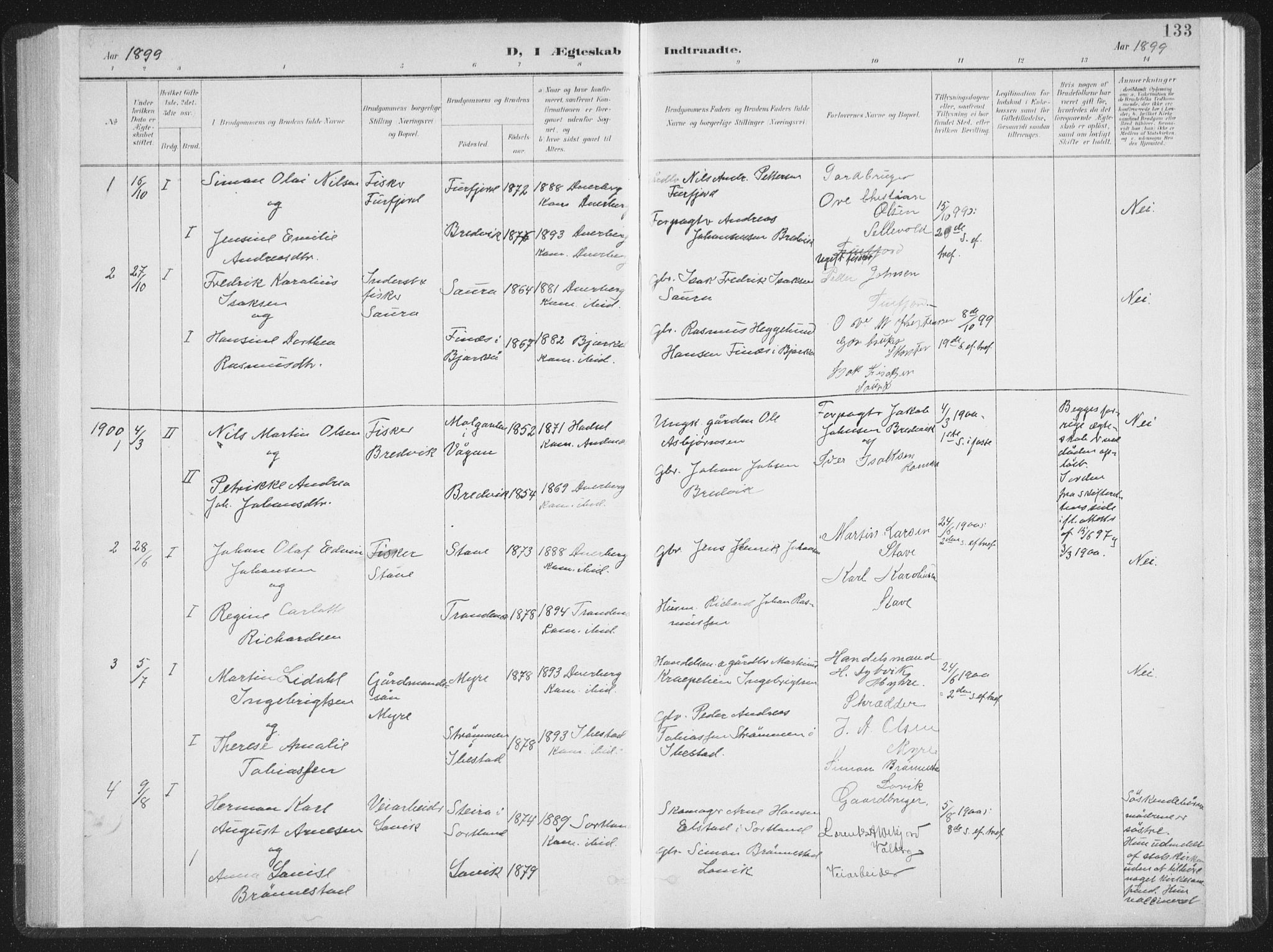 Ministerialprotokoller, klokkerbøker og fødselsregistre - Nordland, AV/SAT-A-1459/897/L1400: Parish register (official) no. 897A07, 1897-1908, p. 133