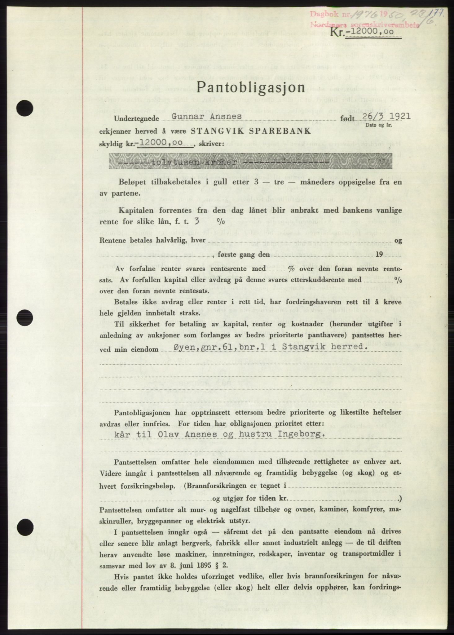 Nordmøre sorenskriveri, AV/SAT-A-4132/1/2/2Ca: Mortgage book no. B105, 1950-1950, Diary no: : 1976/1950