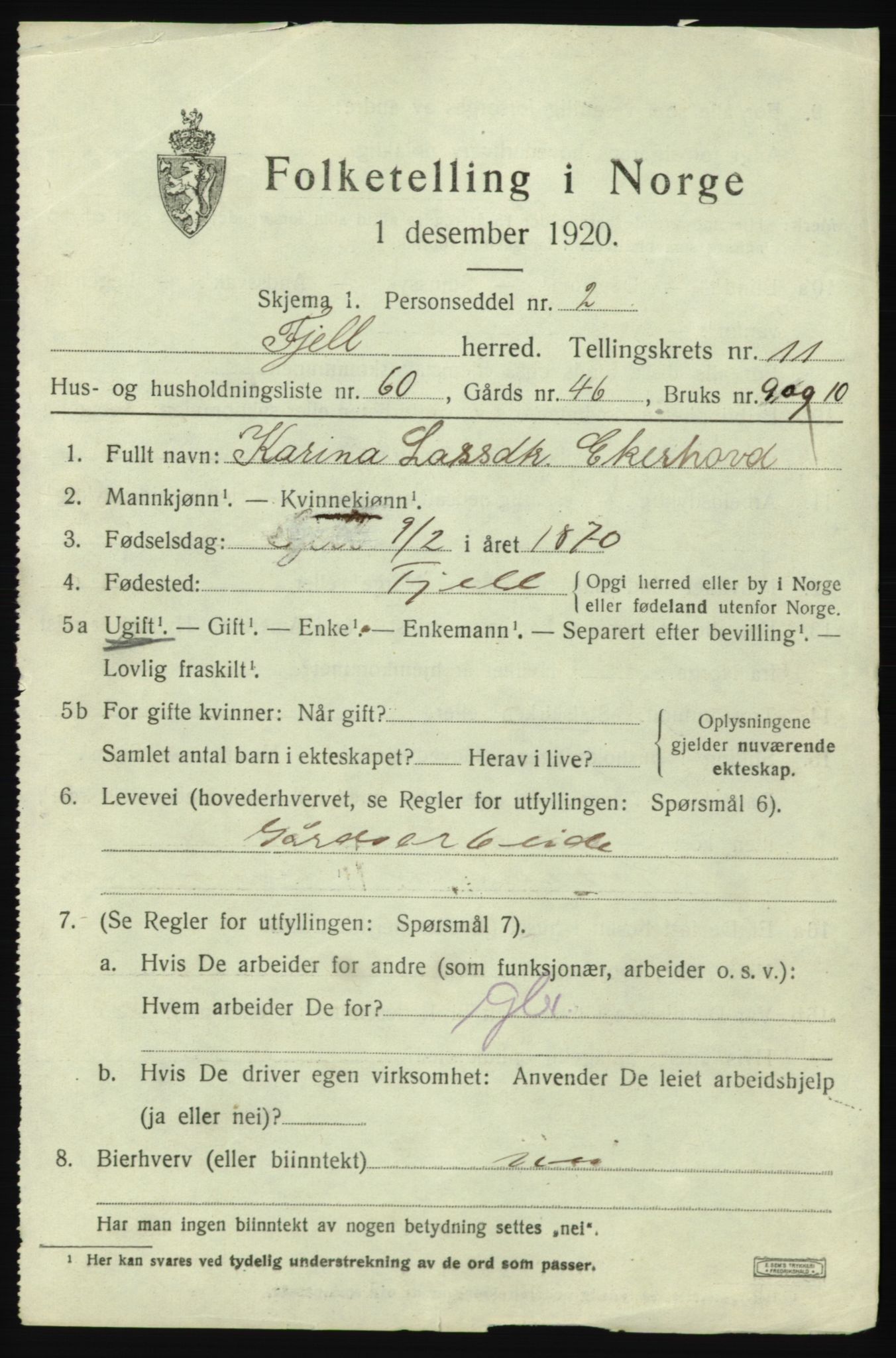 SAB, 1920 census for Fjell, 1920, p. 10618