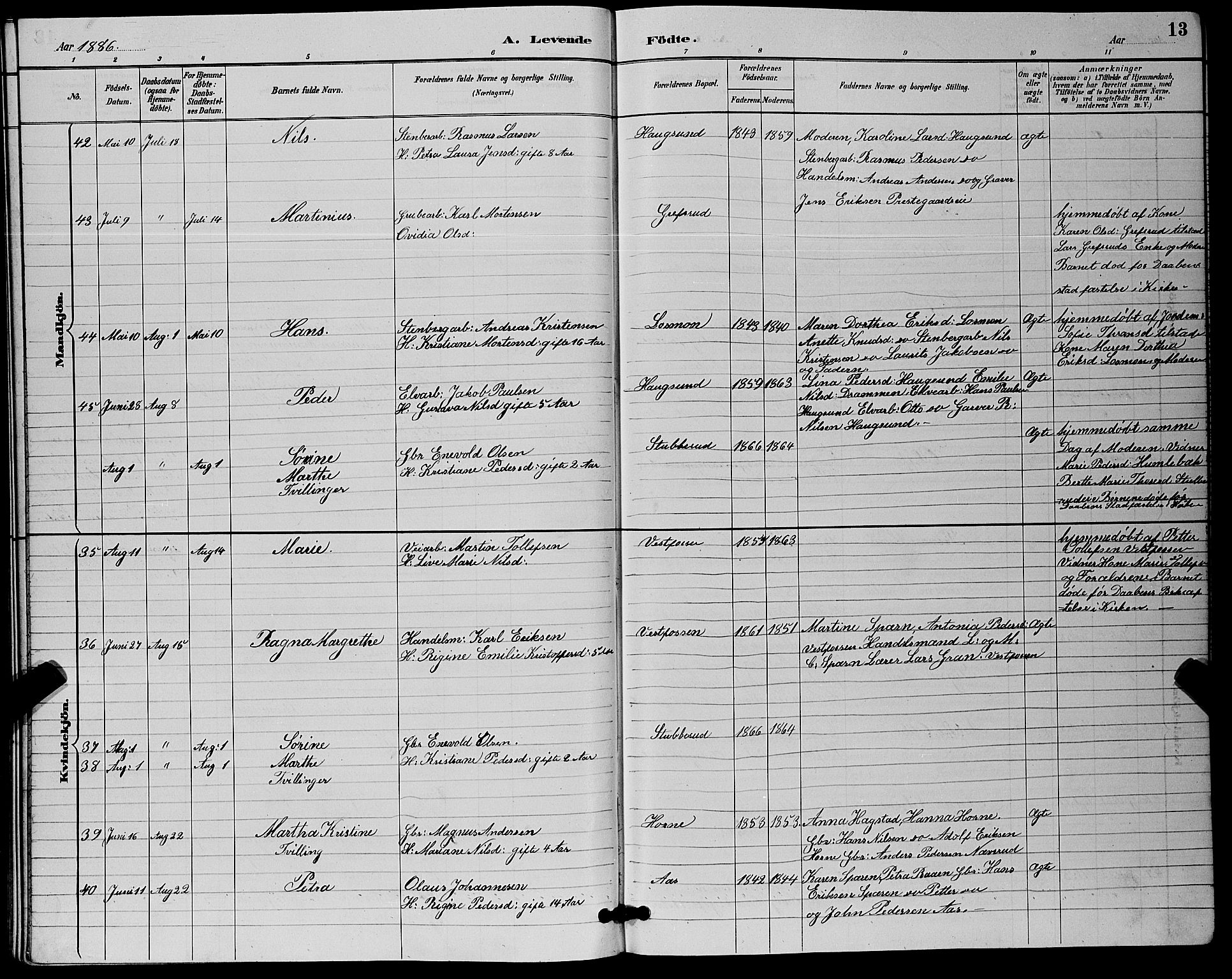 Eiker kirkebøker, SAKO/A-4/G/Ga/L0006: Parish register (copy) no. I 6, 1885-1893, p. 13