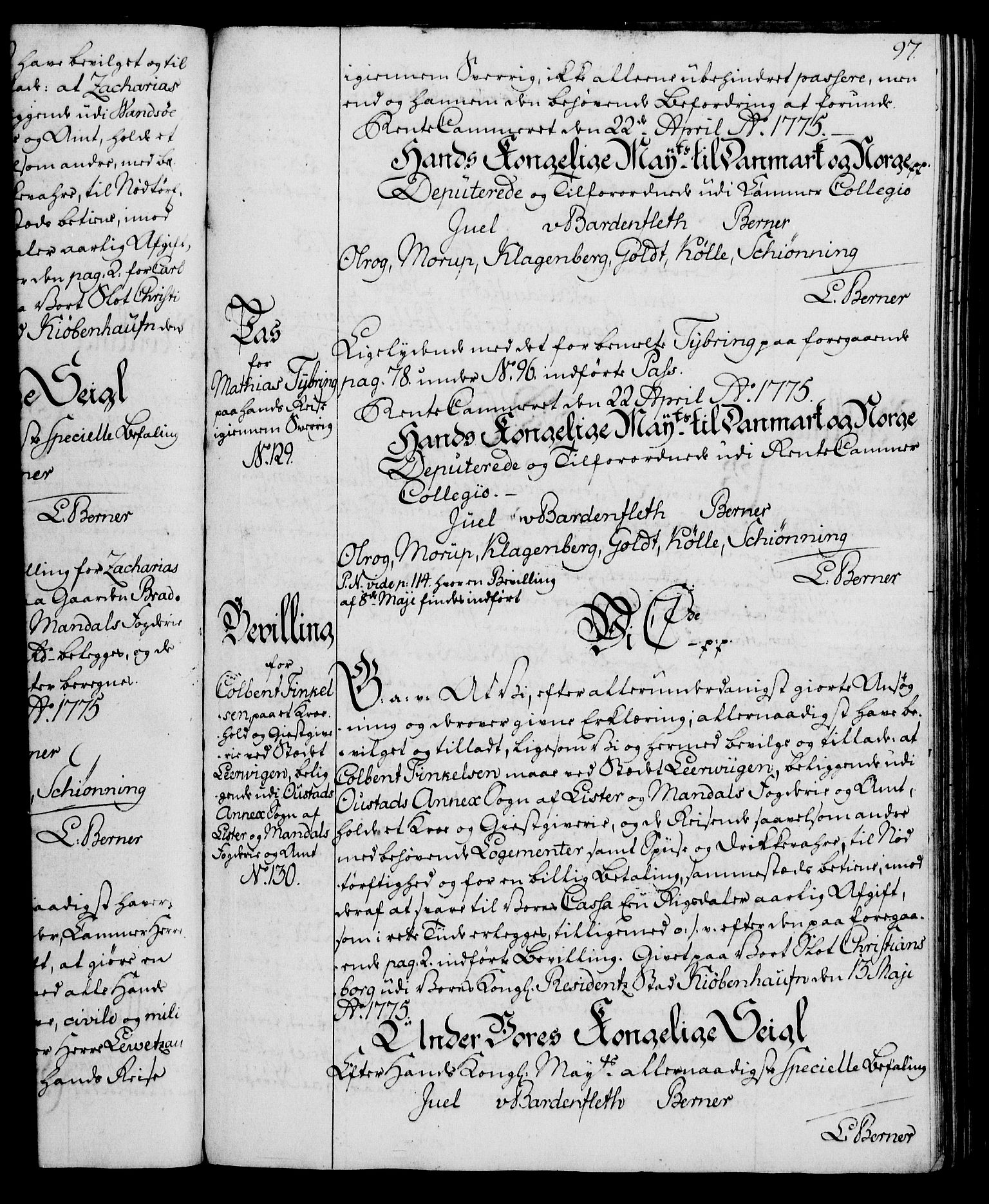 Rentekammeret, Kammerkanselliet, AV/RA-EA-3111/G/Gg/Gga/L0010: Norsk ekspedisjonsprotokoll med register (merket RK 53.10), 1773-1778, p. 97