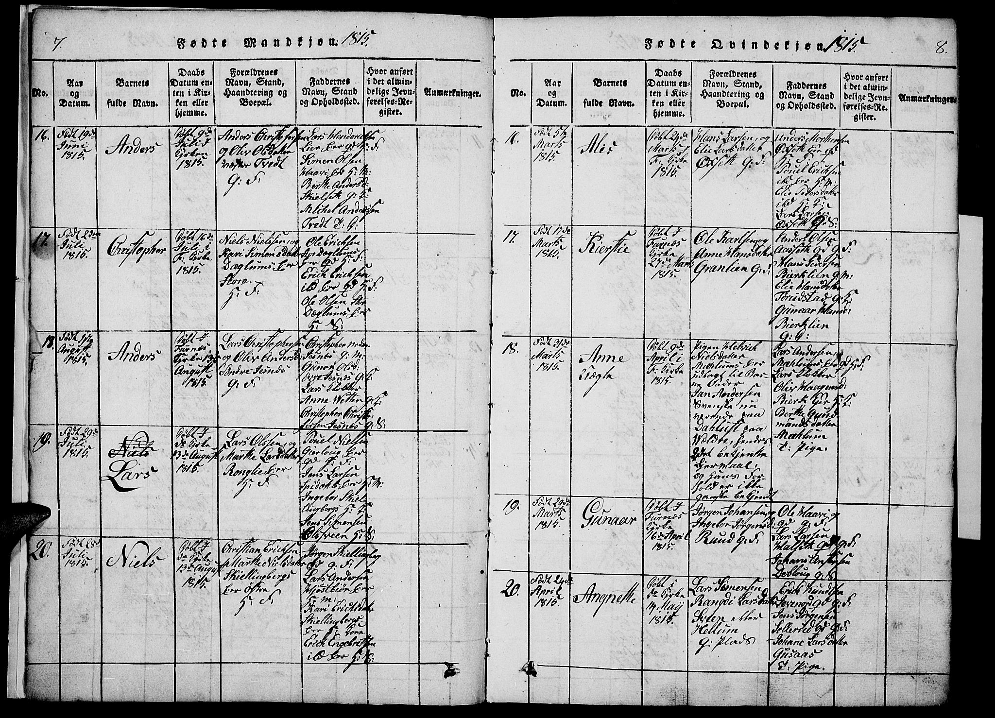 Vang prestekontor, Hedmark, AV/SAH-PREST-008/H/Ha/Haa/L0008: Parish register (official) no. 8, 1815-1826, p. 7-8