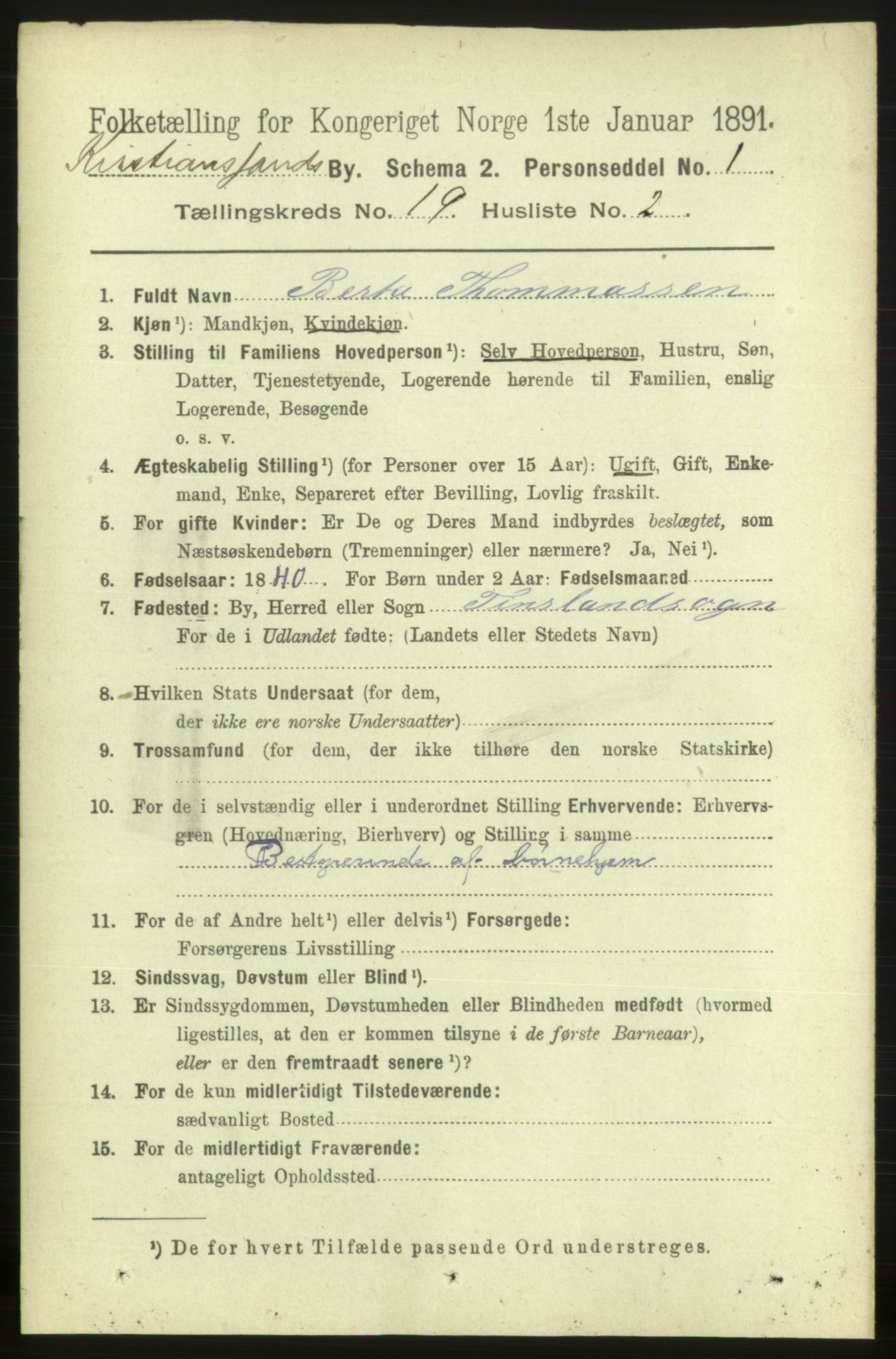 RA, 1891 census for 1001 Kristiansand, 1891, p. 7295