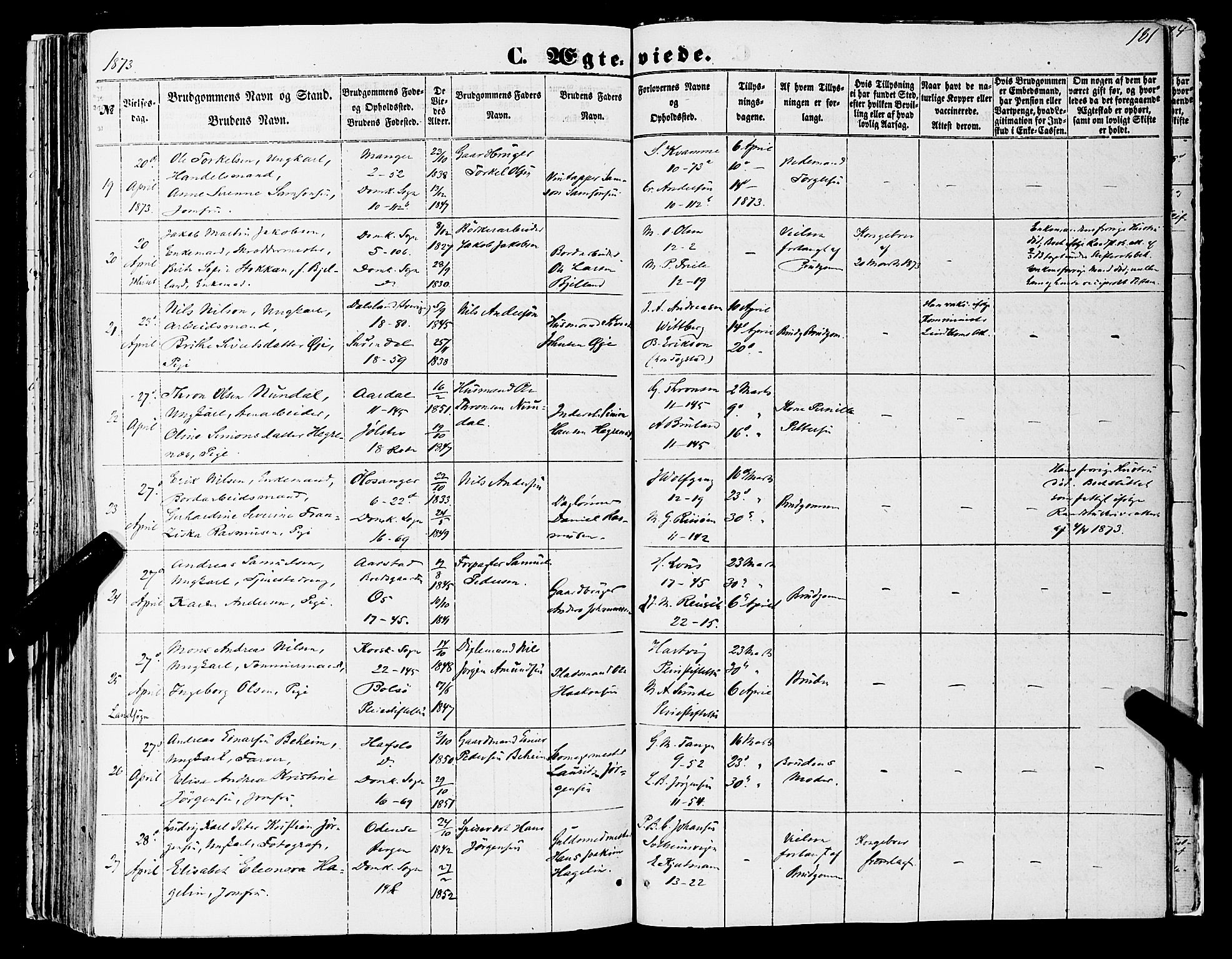 Domkirken sokneprestembete, AV/SAB-A-74801/H/Haa/L0034: Parish register (official) no. D 2, 1853-1874, p. 181