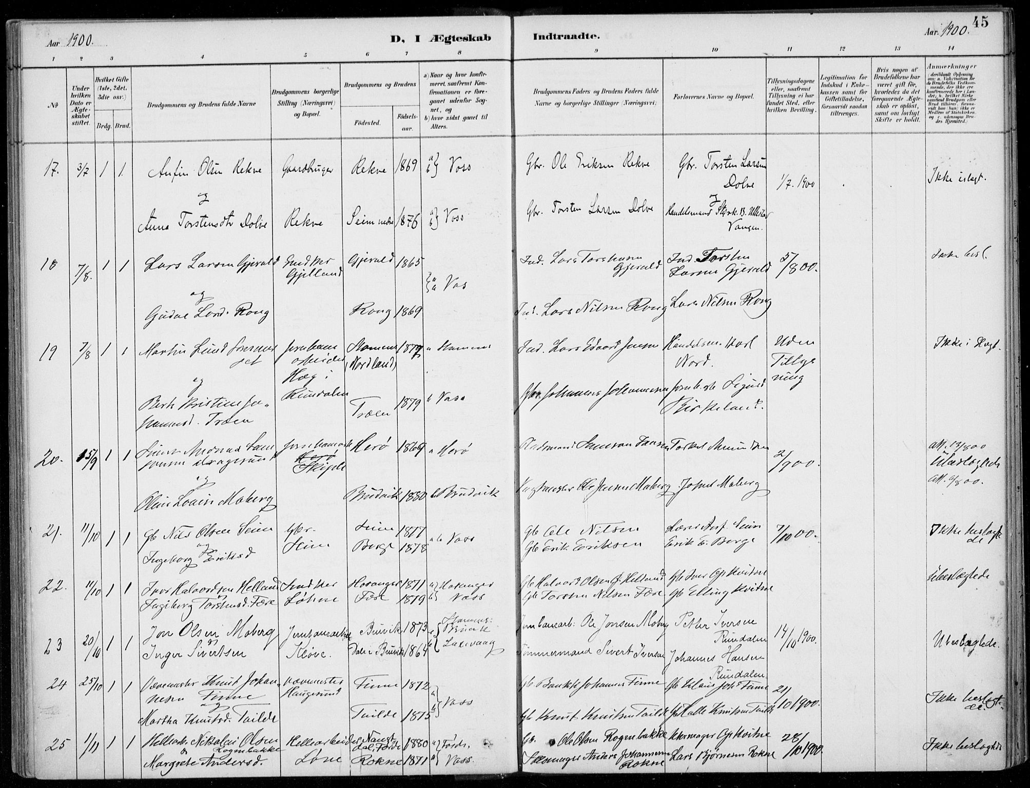 Voss sokneprestembete, SAB/A-79001/H/Haa: Parish register (official) no. C  1, 1887-1915, p. 45