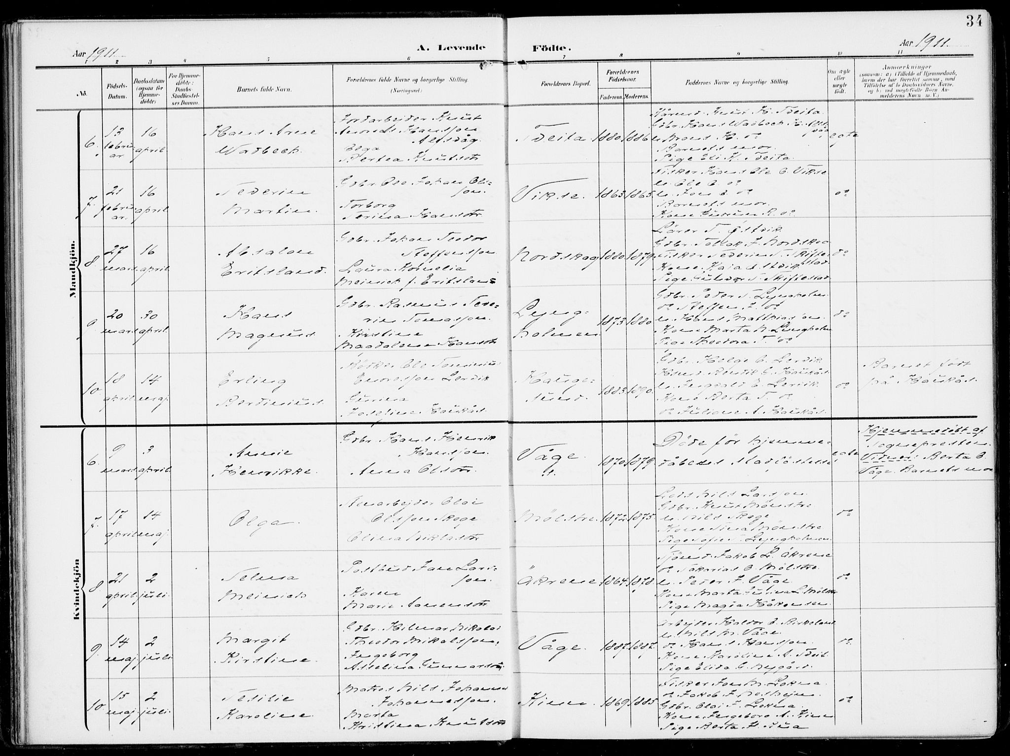 Sveio Sokneprestembete, AV/SAB-A-78501/H/Haa: Parish register (official) no. B  4, 1906-1919, p. 34