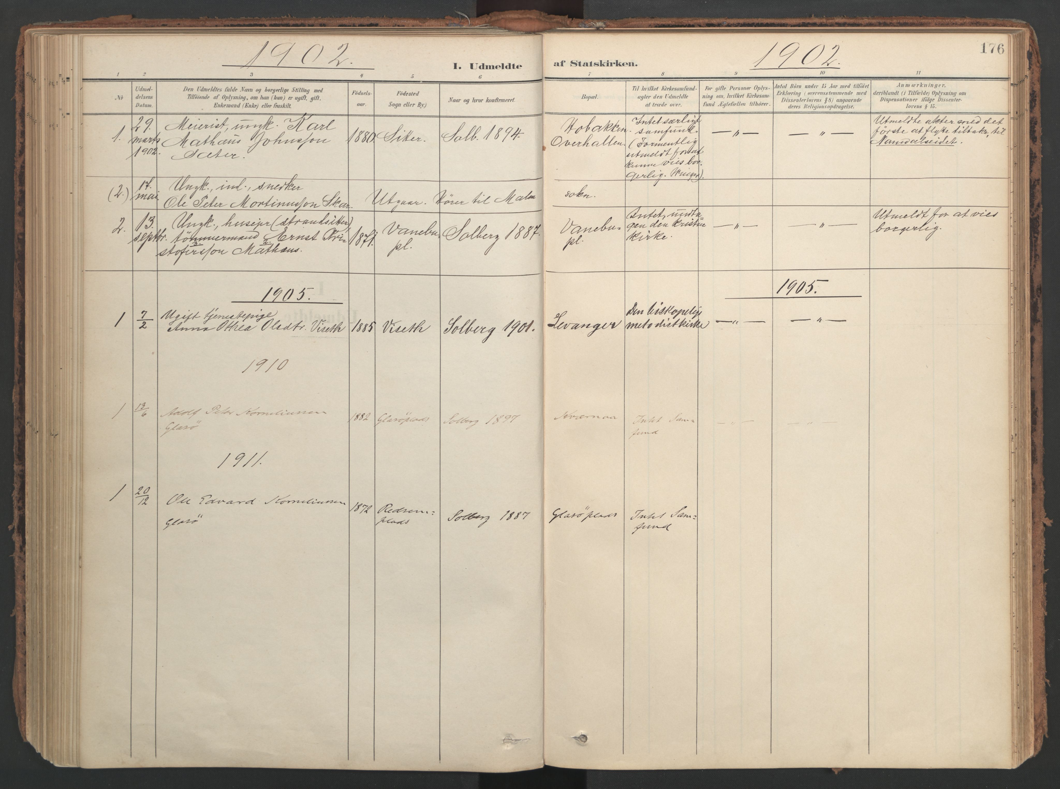 Ministerialprotokoller, klokkerbøker og fødselsregistre - Nord-Trøndelag, SAT/A-1458/741/L0397: Parish register (official) no. 741A11, 1901-1911, p. 176