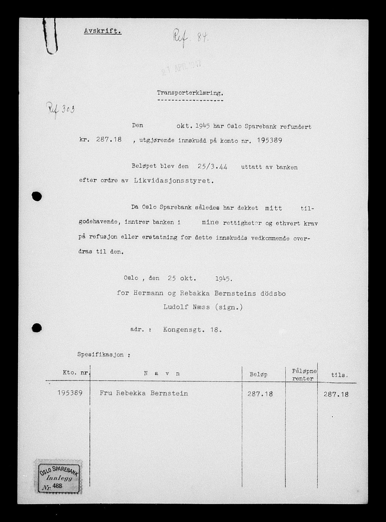 Justisdepartementet, Tilbakeføringskontoret for inndratte formuer, AV/RA-S-1564/H/Hc/Hcc/L0922: --, 1945-1947, p. 541