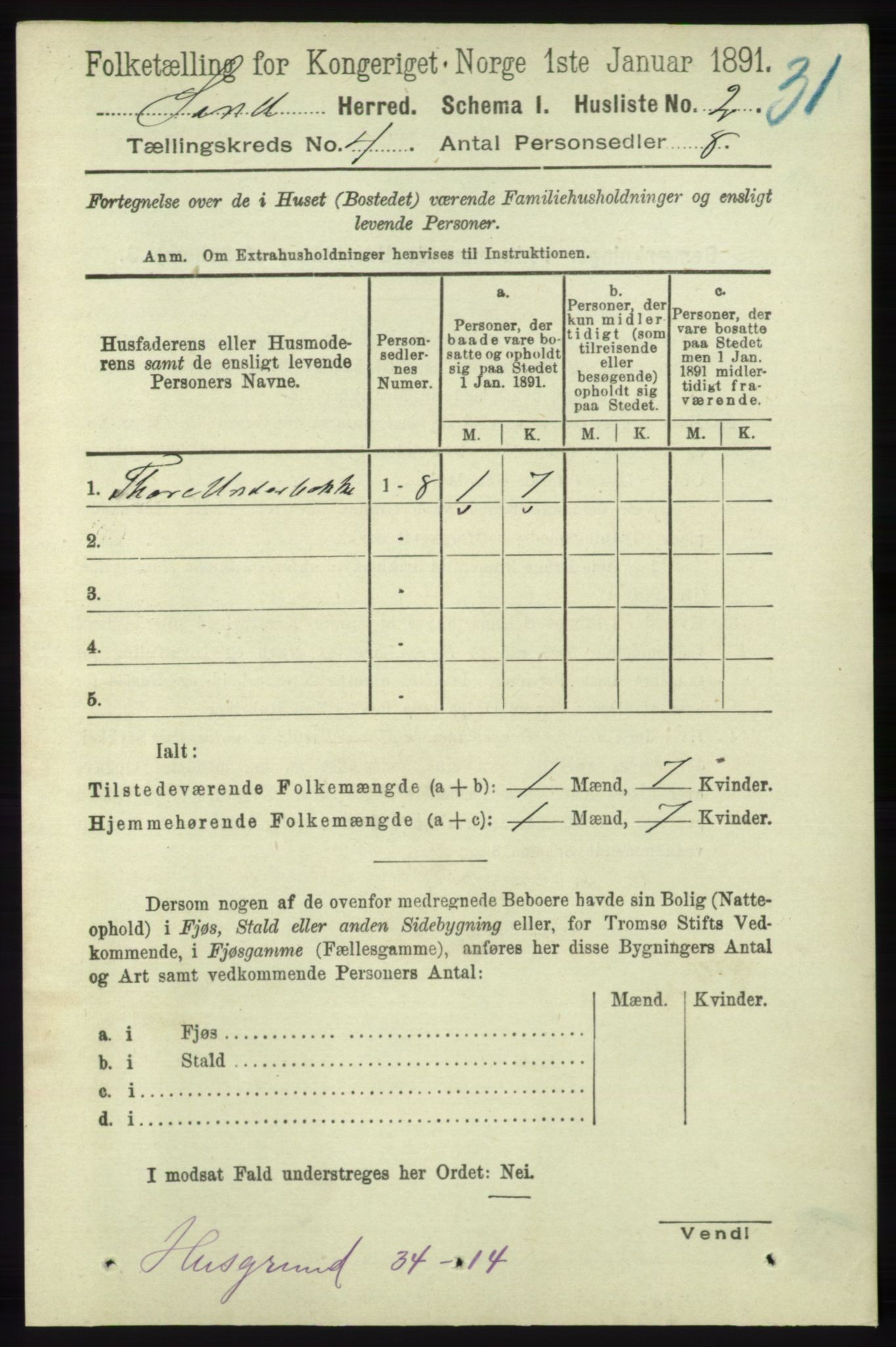 RA, 1891 census for 1136 Sand, 1891, p. 1155