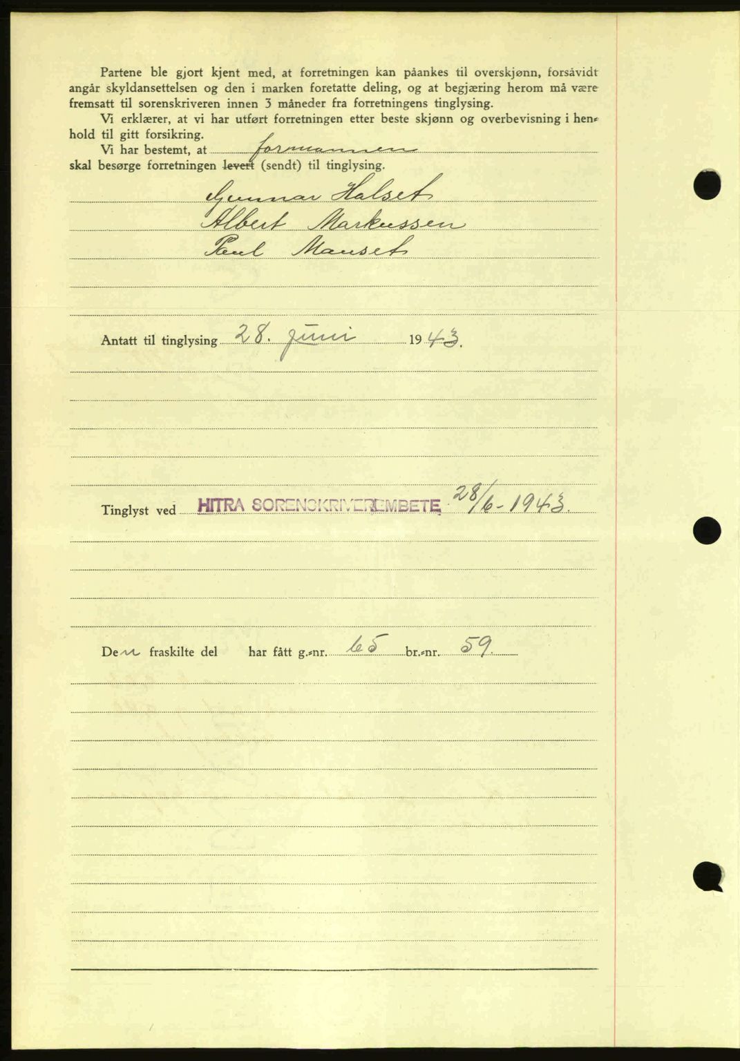 Hitra sorenskriveri, AV/SAT-A-0018/2/2C/2Ca: Mortgage book no. A2, 1943-1945, Diary no: : 454/1943